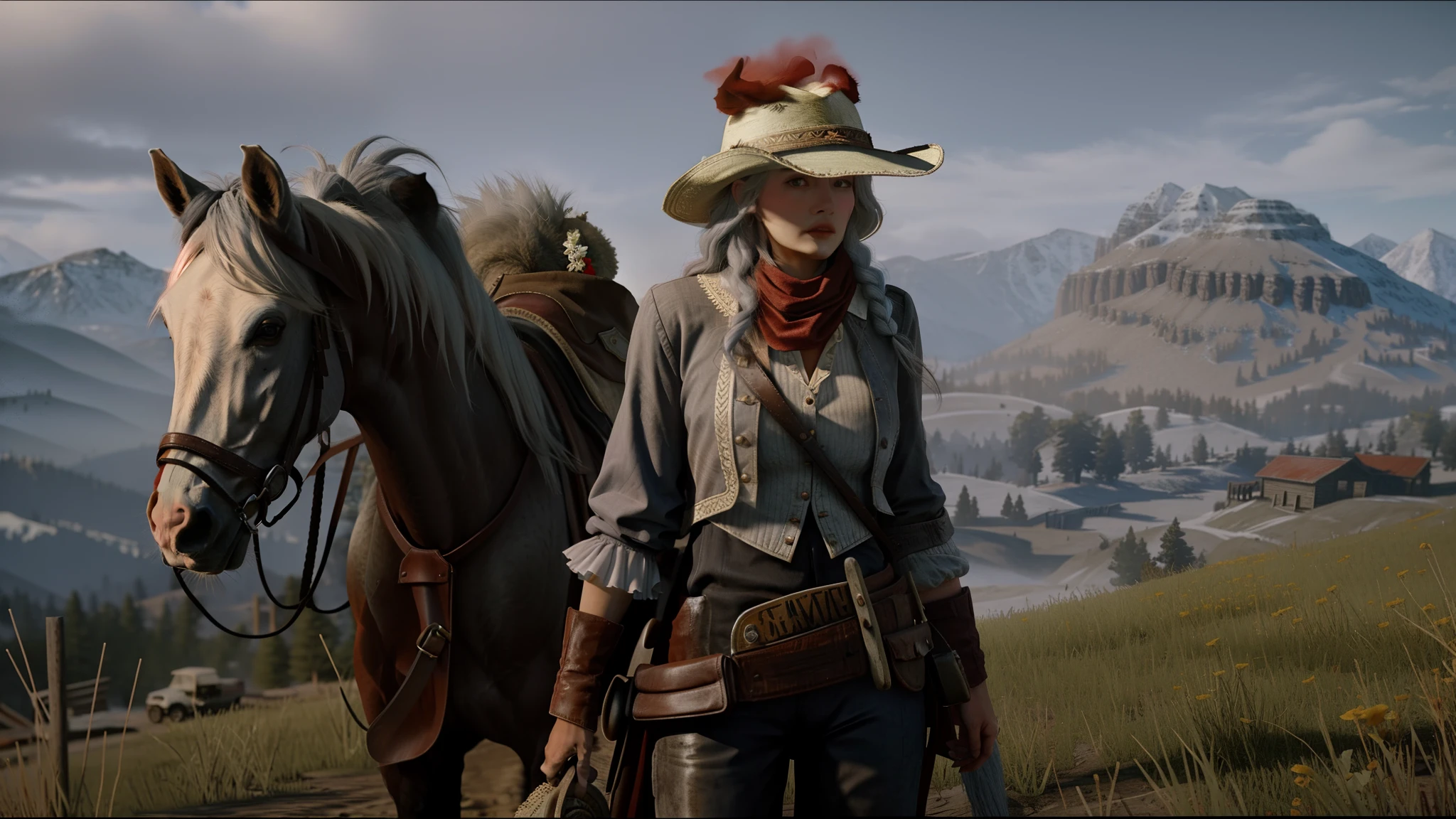 There is a white-haired woman with a hat next to a horse with a sheep's mask, Em Red Dead Redemntion 2, RDR 2 Mod |, [ mortos vermelhos ], Em Red Dead Redemption 2, post - apocalyptic cowgirl, grey hair and a cowboy hat, post - apocalyptic cowboy, badass composition, estilo de arte mortos vermelhos redemption, guy with horse head, cowboy plague doctors