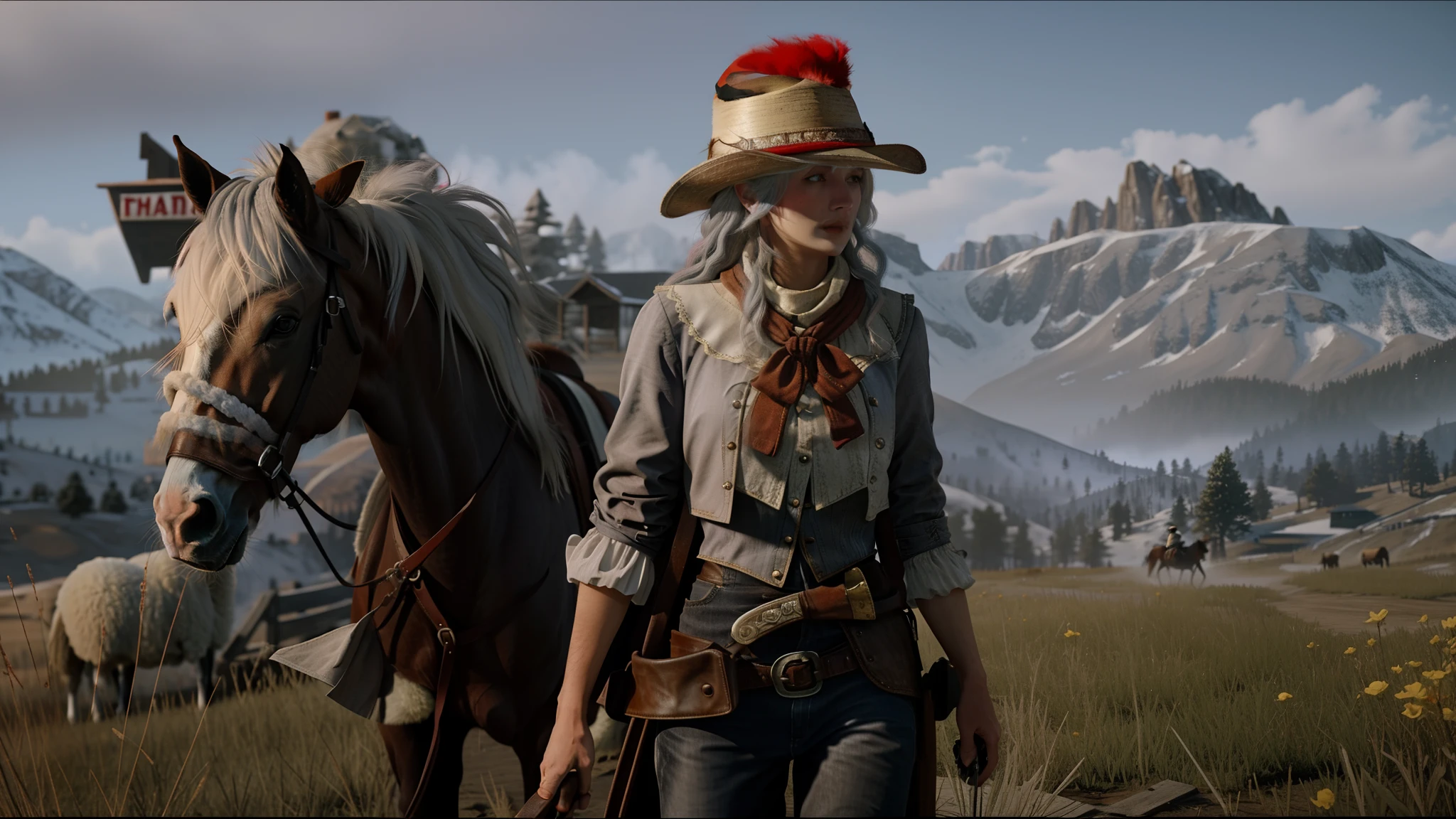 There is a white-haired woman with a hat next to a horse with a sheep's mask, Em Red Dead Redemntion 2, RDR 2 Mod |, [ mortos vermelhos ], Em Red Dead Redemption 2, post - apocalyptic cowgirl, grey hair and a cowboy hat, post - apocalyptic cowboy, badass composition, estilo de arte mortos vermelhos redemption, guy with horse head, cowboy plague doctors