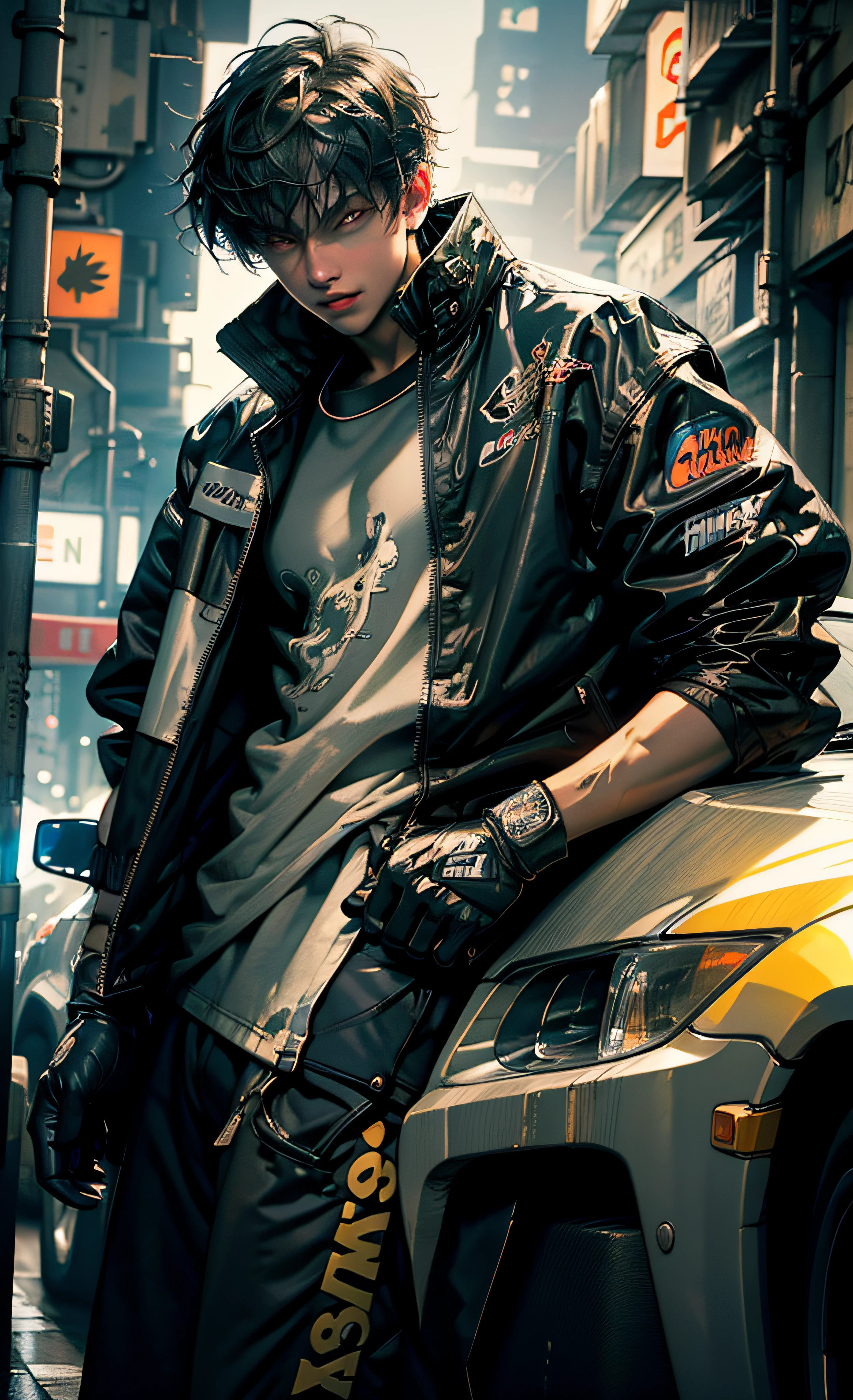 masterpiece, best quality, illustration, 1boy, underground street racing, oversized racing jacket, racing gloves, oversized clothes, car night, glow, glowing, close-up, smug, (smile:0.7), (from above:0.7)