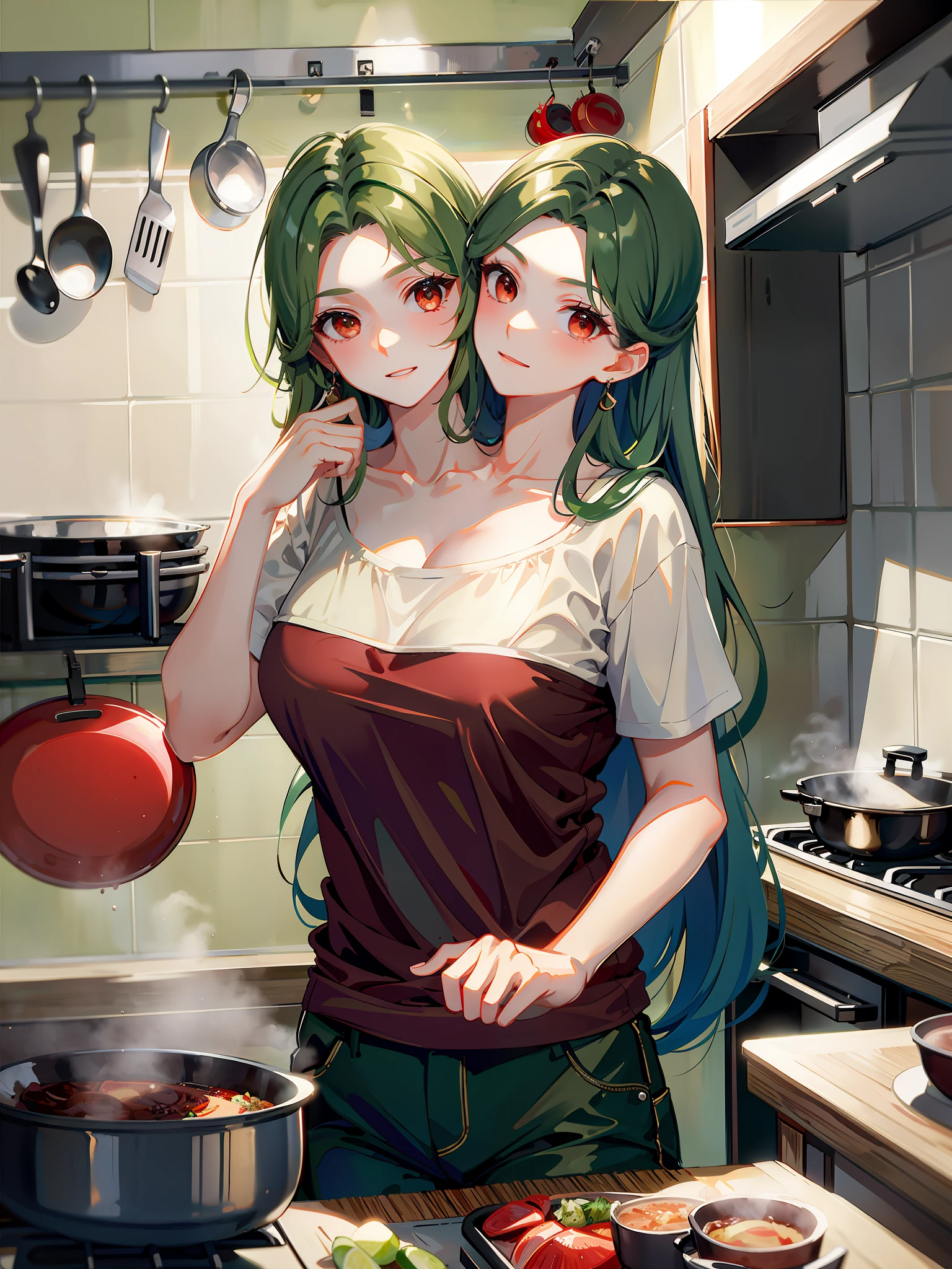 (masterpiece, best quality), best resolution, (2heads:1.5), 1girl, dark green hair, brown eyes, red t-shirt, black long pants, cooking, kitchen