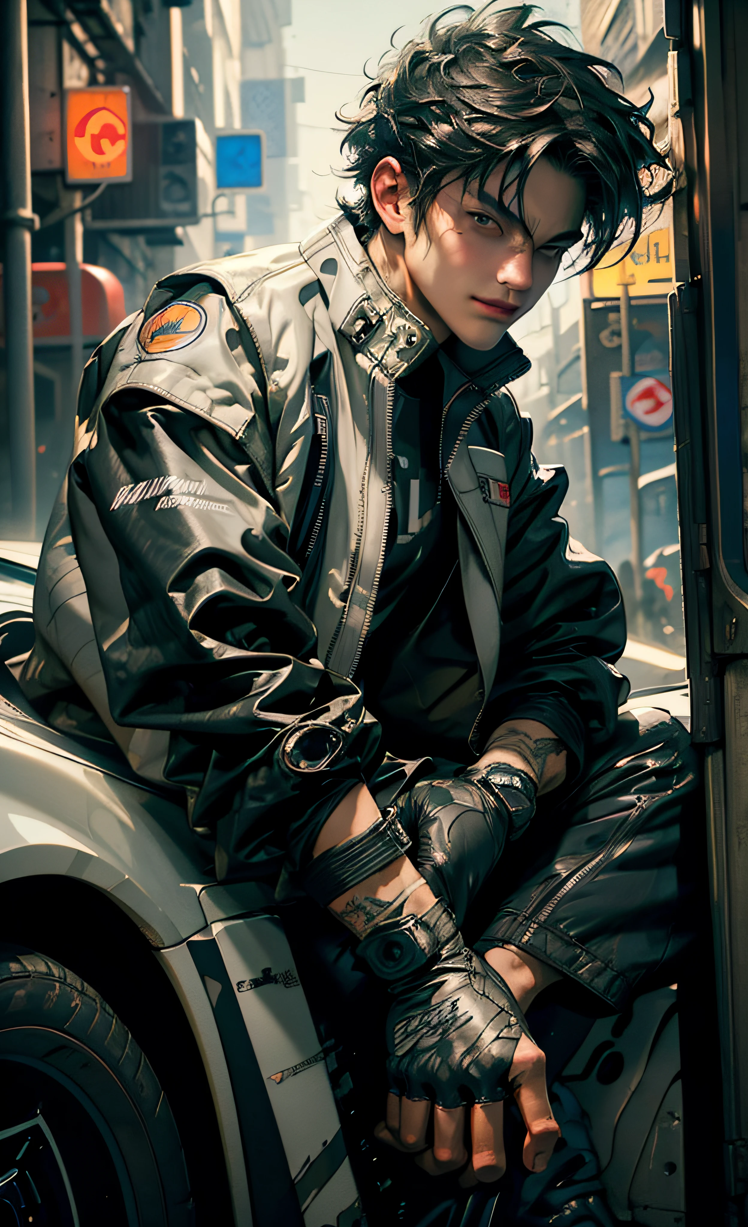 masterpiece, best quality, illustration, 1boy, underground street racing, oversized racing jacket, racing gloves, oversized clothes, car night, glow, glowing, close-up, smug, (smile:0.7), (from above:0.7)