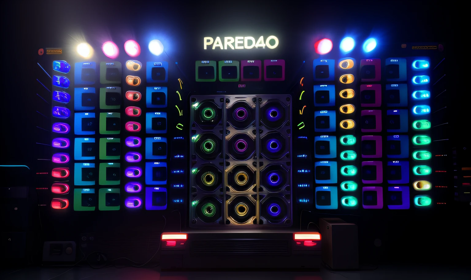 Palco Arafed com alto-falantes e luzes em uma sala escura, vibe paranoica, pareidolia, paranoid, juke-box, paralelo, luzes de festa, Efeitos LED, geometric backdrop; LED, inspirado em Roberto Parada, parallax », hi fi maciço system of 7 0 s, inspired by Antônio Parreiras, Medium Neon Lighting Full Shot, telas de LED