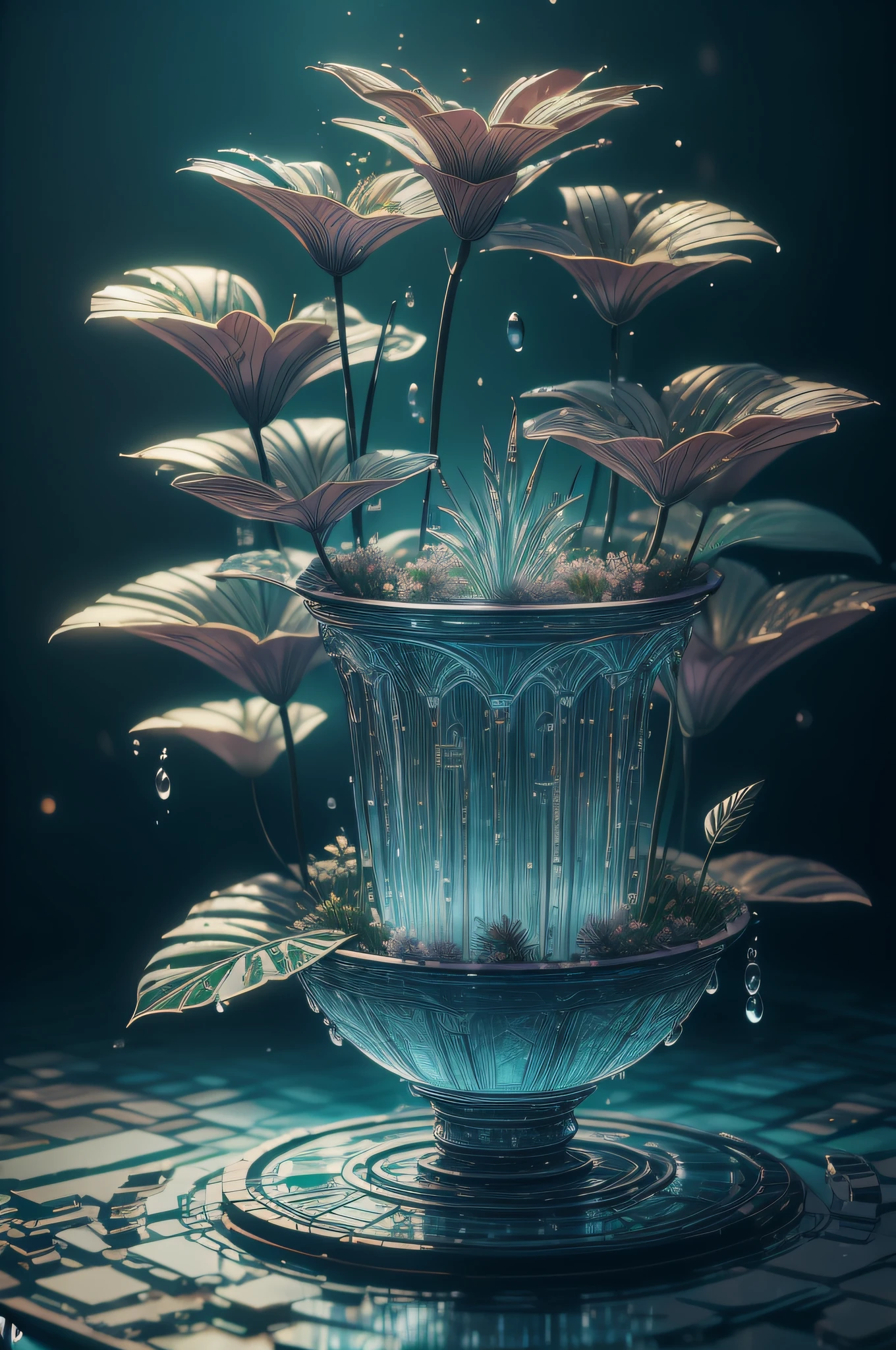 obra-prima da escultura de vidro com plantas, flores e rochas dentro, water, brilho, fantasia, alta qualidade, alto detalhe, melhor qualidade, rtx, 4k, 8k,