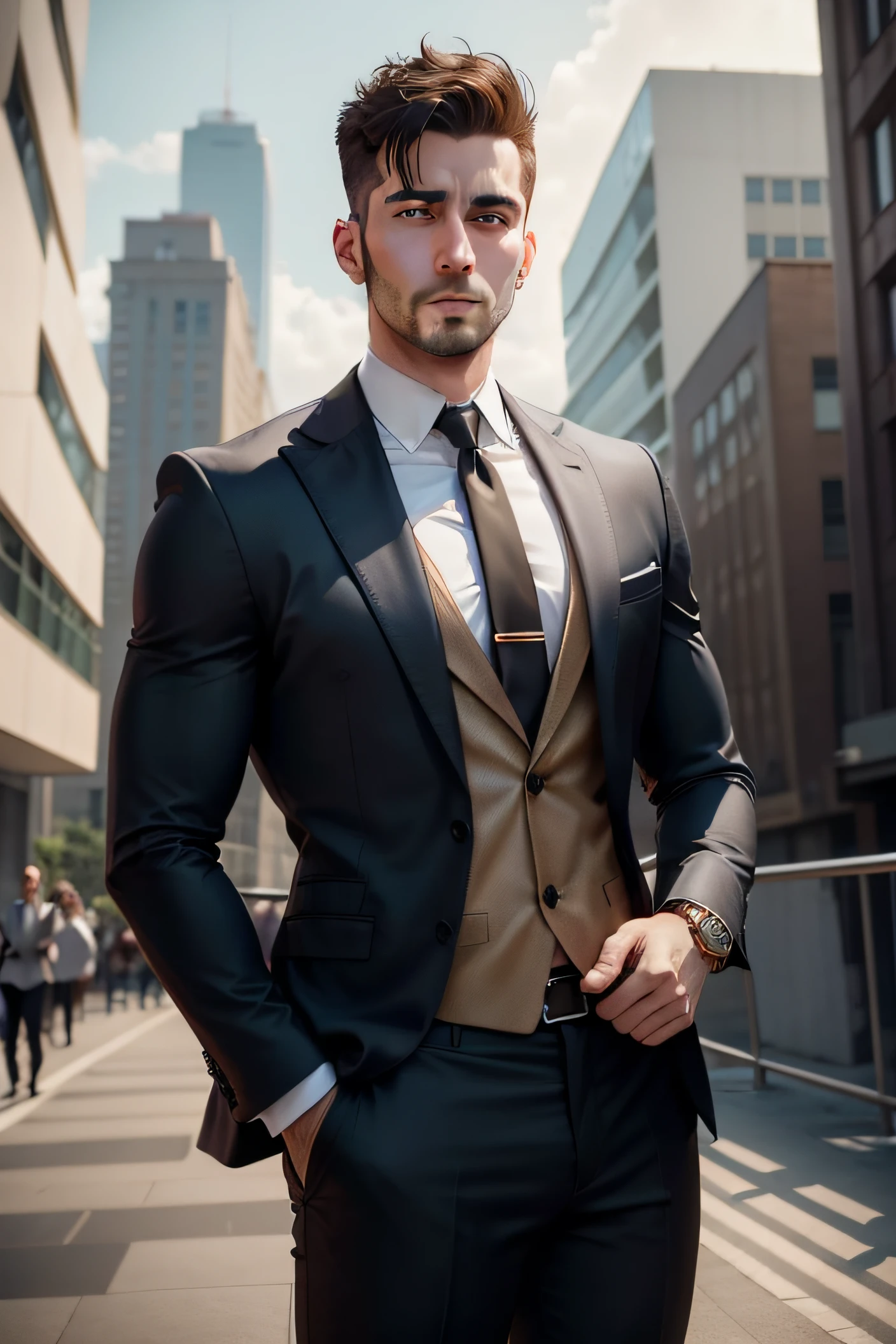 Male 35 years old, Short Hair Hair, brunet, Dressed in a classic suit, Background multi-storey buildings. athletic physique, on his arm is a gold Rolex watch