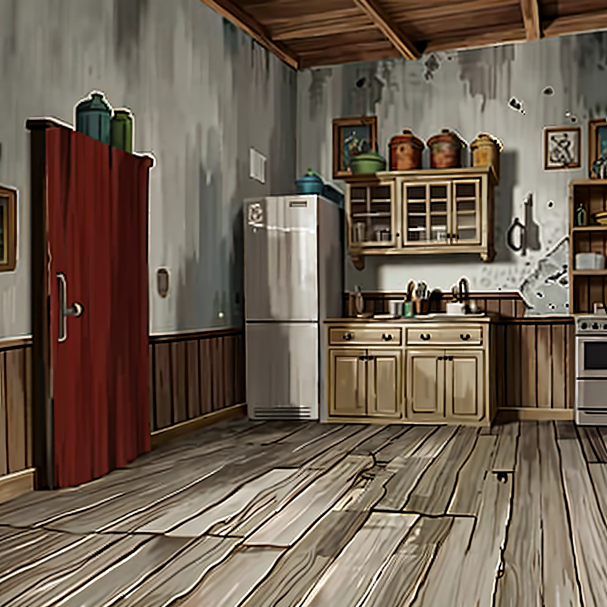 decrepit，There is a room with cupboards, a cabinet, and a chair, old kitchen backdrop, interior background art, old kitchen backdrop angled view, 2d game environment design, tavern background, in a dungeon background, arte de fundo, indoor background, point-and-click adventure game, backroom background, 2 D game art background, painted as a game concept art