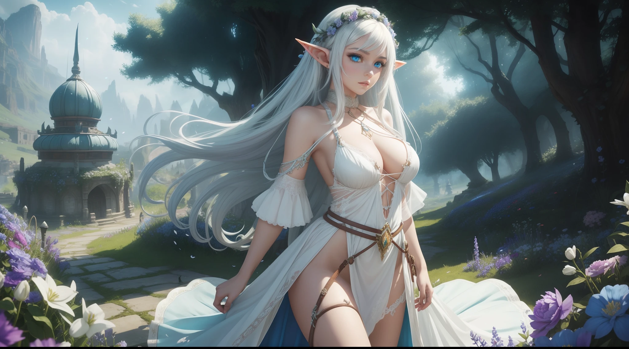 A beautiful elf girl wearing a tattered wedding dress ,White hair, Bare large breasts,Colorful mage robes,Rope bondage, Blue pupils,Blue eyes,Naked, garden with colorful flowers, Unity 8k wallpaper, Ultra detailed, Beautiful and aesthetic, Masterpiece, Best quality, ecstasy of flower, 1girll, Extremely detailed, Dynamic Angle, cow boy shot, elegant, Fauvistdesign, vivd colour, romanticism lain, world of warcraft,