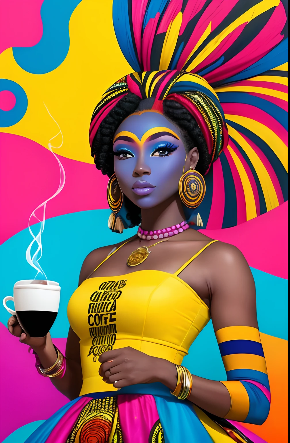 (A BEAUTIFUL AFRICAN WOMAN ORIGINAL HAPPY HAIR WITH A NICE CUP OF COFFEE COMING OUT SMOKE IN HER HAND, Beautiful cup ,Coloridas ,pink and blue and yellow WRITTEN WE COOFFE IN THE CUP ),  Eduardo Kobra ,Romero Brito,The Filling Twins ,multidimensional geometric wall PORTRAIT, arte, Chibi,
Yang08k, lindo, Colouring,
Primary works, qualidade superior, melhor qualidade, Arte Oficial, Beautiful and Aesthetic, 128 mil