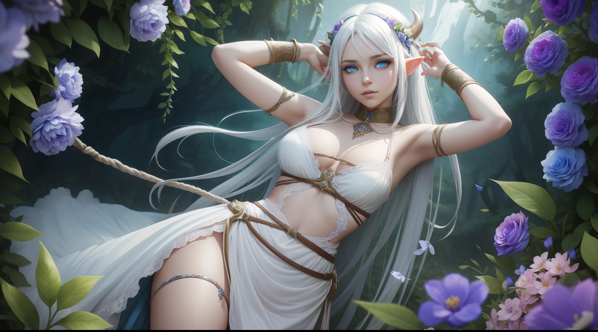 A beautiful elf girl wearing a tattered wedding dress ,White hair, Bare large breasts,Colorful mage robes,Rope bondage, Blue pupils,Blue eyes,Naked, garden with colorful flowers, Unity 8k wallpaper, Ultra detailed, Beautiful and aesthetic, Masterpiece, Best quality, ecstasy of flower, 1girll, Extremely detailed, Dynamic Angle, cow boy shot, elegant, Fauvistdesign, vivd colour, romanticism lain, world of warcraft,