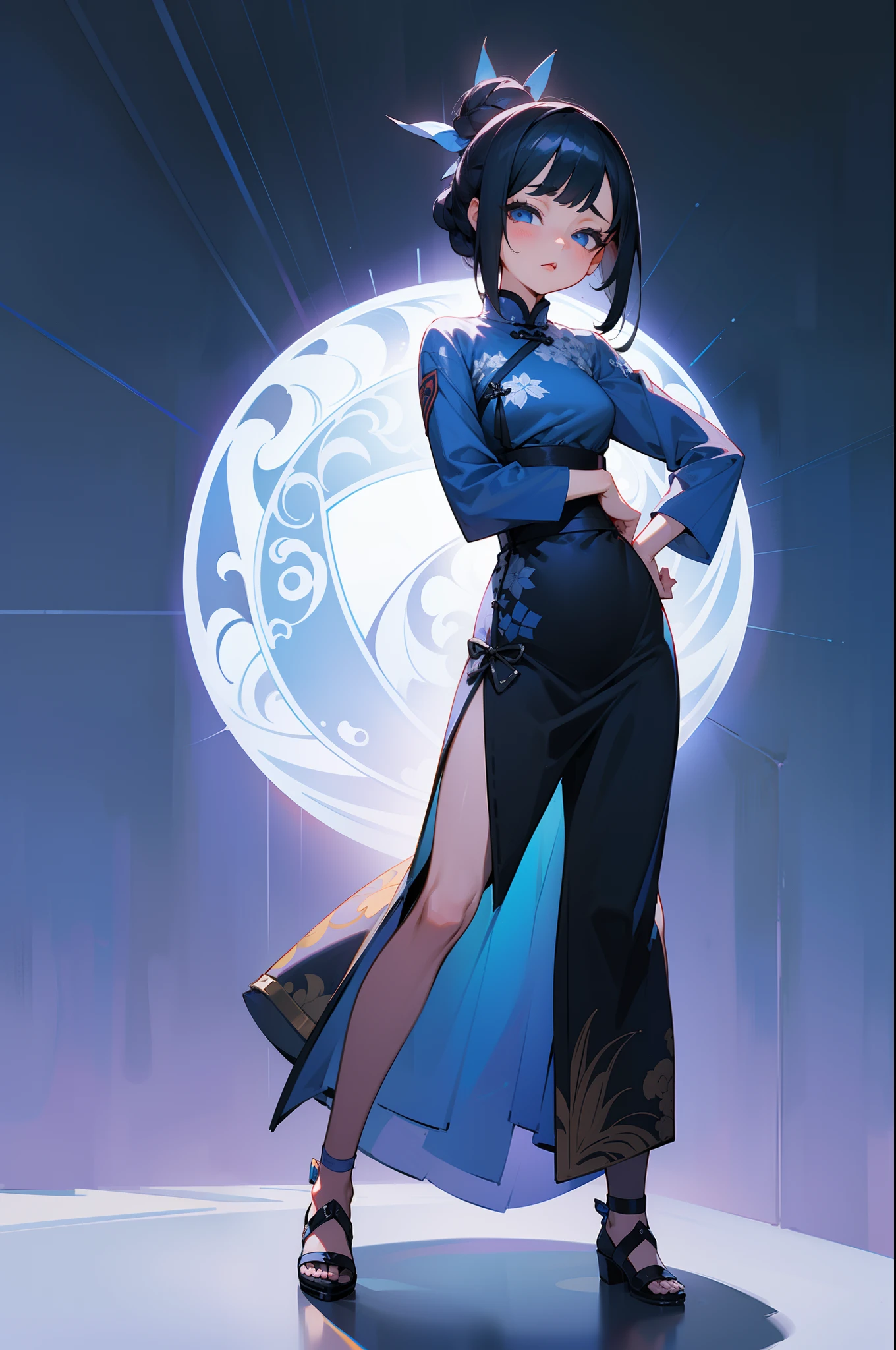 MKSKS style, (Very detailed background:1.0), (highly detailed back ground:1.0), 1girll, full_Body,,frontage,Masterpiece, Best quality, (1girll, Solo, Girl:1.2), ,ahegao,standing,hand on hips,Blue Themes,white qipao