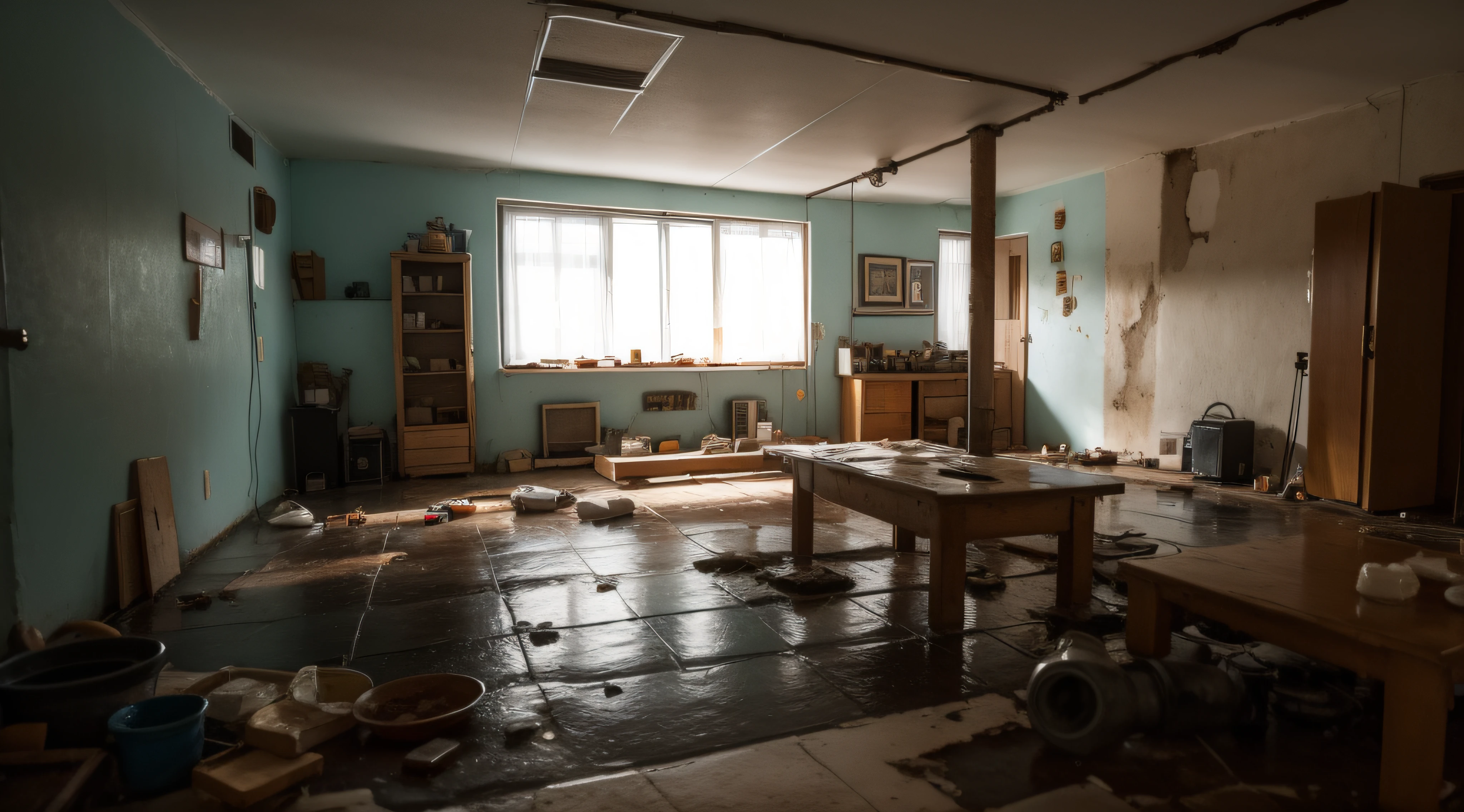 a big old room with lots of broken pipes on the wall, dirty, with broken cupboards, pictures all over the floor, night scene, melhor qualidade,obra prima,3d,8k