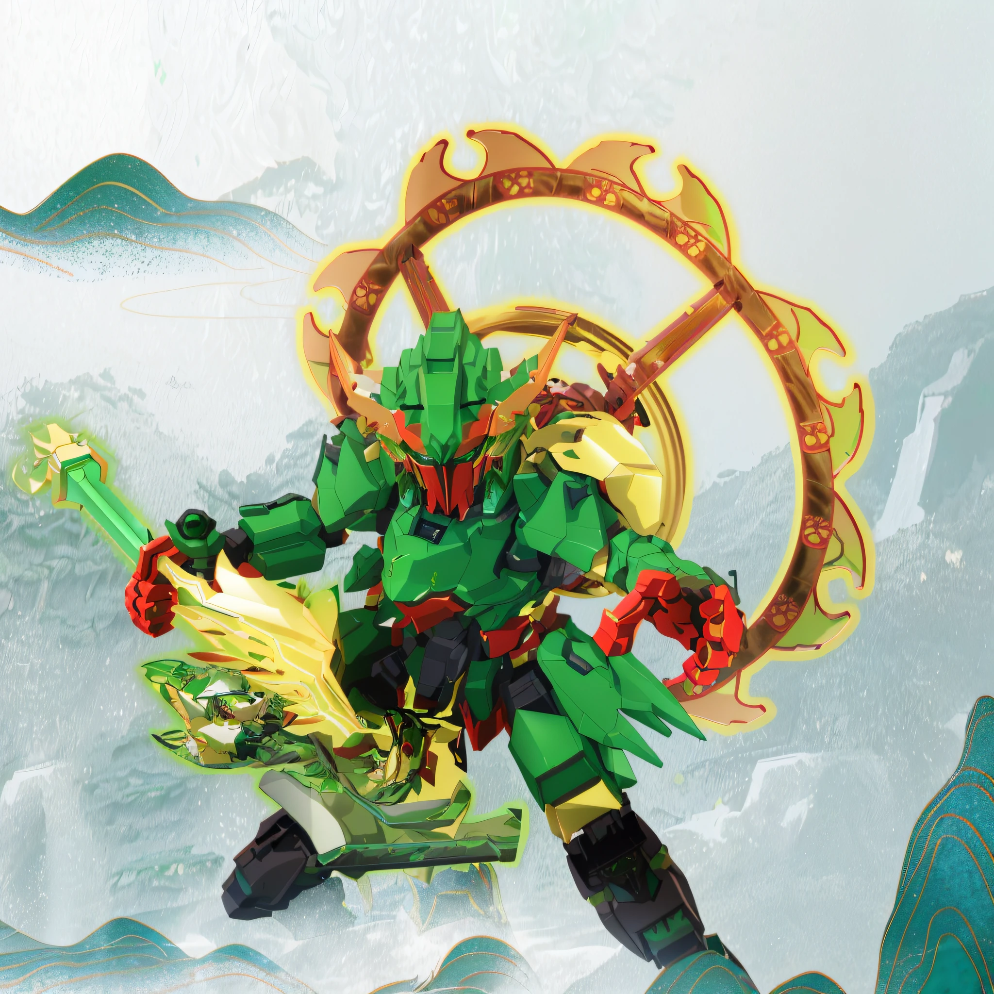 A green robot,Guan yu,holding a knife , metallic green armor, saudi futuristic warrior mecha, digital green fox, Beautiful robot character design, cool mecha style, yoshitaka amano octane render, Green armor, tremendous mecha robot, Mecha suit, mecha animal, full body mecha suit