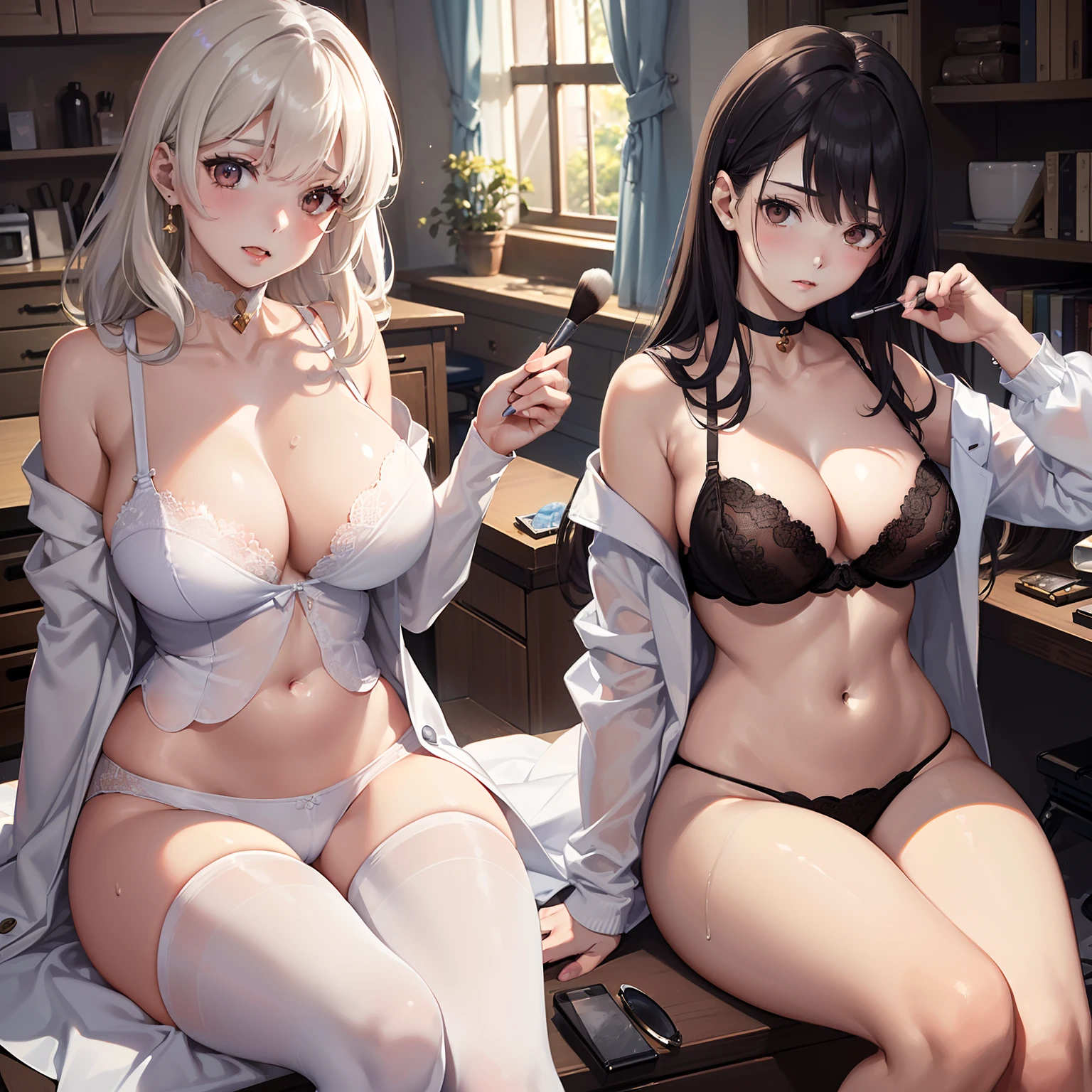 masterpiece、top-quality、High-quality images、8K、Three Women、 I am Leo、Lisa is so beautiful、I want to use makeup brushes again and again、Does it make you feel good?、Leos also feel good.、、、Speak spells((In the fight against the dark ones、Nomiya lost his memory,、Through the warm nursing of best friends Lisa and Leo's spells、Completely revived memories、Nomiya's intelligent and calm personality was also revived.、Right now、Lisa and others、A bright and fun day with friends々take、、)):1.5. Lisa((Neat and clean woman、Beautuful Women、full body Esbian、Always long black hair、The skin and costume texture are of the highest quality、Glossy skin、White silk underwear on top and bottom、White bustier、White stockings、cramped underwear that digs into the skin,,,,,,,,,,,,,,,,,,,,,,,,,,,,,,,,,,,,,,,,,,,,,,,,,,,、You can see the shape of the nipple even from the top of the bra、So Huge Breasts、large hips、Balanced proportions)):1.3 Nomiya((intelligent woman、always short gray hair、Slimed、Although small、beautiful udder with good shape、Black sweater、Long lab coat for researchers)) :1.4 director((His name is Leo、It does not appear at all in this institute、Living far away、From there、Instruct Lisa and Nomiya、It's a little scary when you get angry, But、Always kind)):1.3 Yae-chan((Postdoctoral Researcher, research institute、Lisa and Nomiya's sister、Have a gentle lover、Although lovers do not appear at the institute、Yae enjoys with her lover、Happiness in and out of the lab)):1.2 research institute((Laboratory protected by an absolutely safe shield、Evil things can't get close、If you inadvertently approach, You get burned in the fire.、refined、For Lisa and Nomiya's compassion,、If the dark one really converts,、Forgiveness、Absorbed by Lisa and Nomiya's body、purifying,Eternal peace、Lisa and those who take revenge on Nomiya、Movement sealed with Leo's makeup brush、Forever repeated incontinence in the future、As long as Yae-chan and her attendant follow Lisa and Nomiya,、Protected、Note that、Friend or foe??