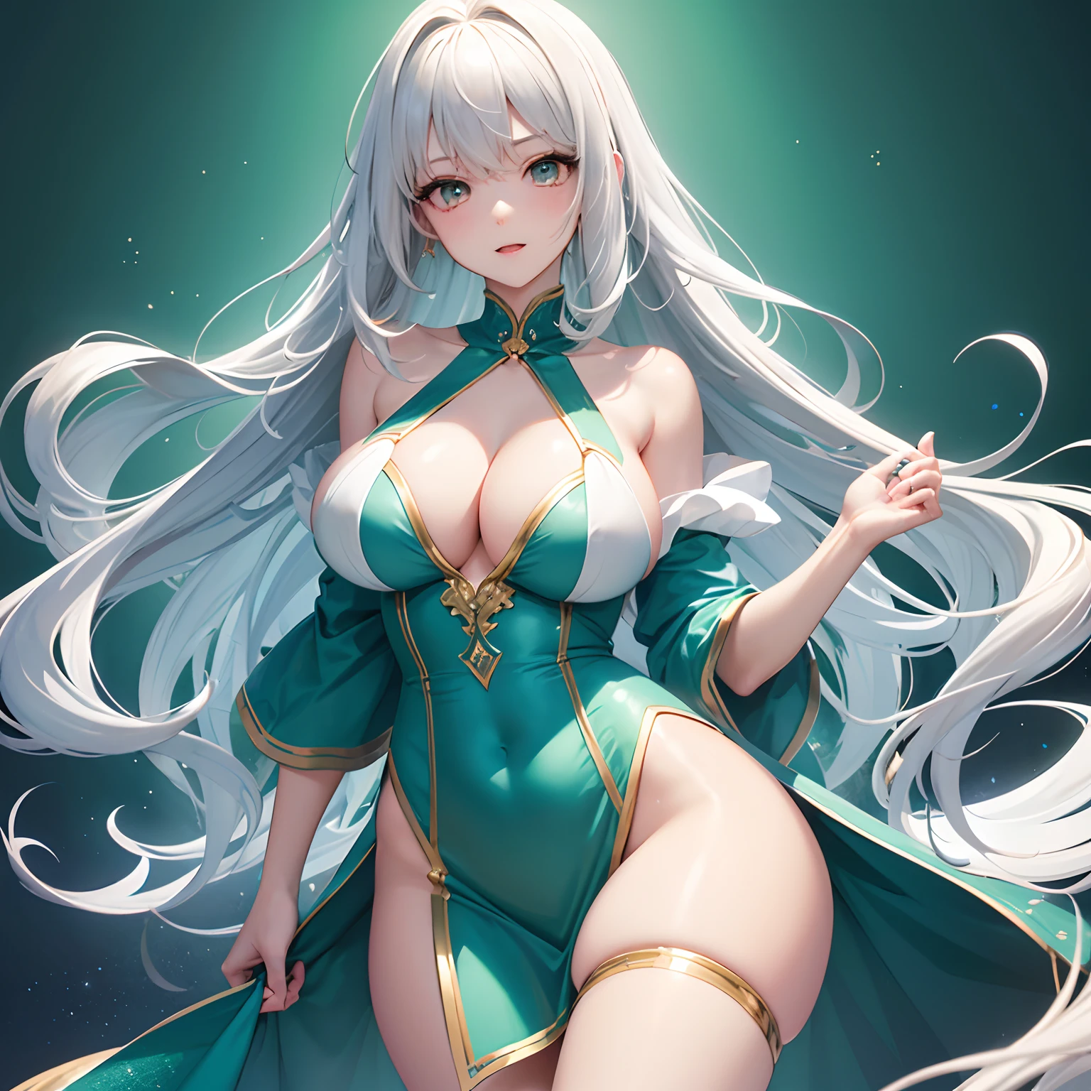 high image, super detail, high resolution, anime, manga, illustration, doll dress, speed line, beautiful woman, adult face, make up, ecstatic expression, amorous expression, seductive look, flowing layered messy wavy white medium hair, sparkling big gold eyes, medium breasts, side boob, great proportion, perfect proportion, slender, full body, beautiful light blue and emerald green background, fantasy