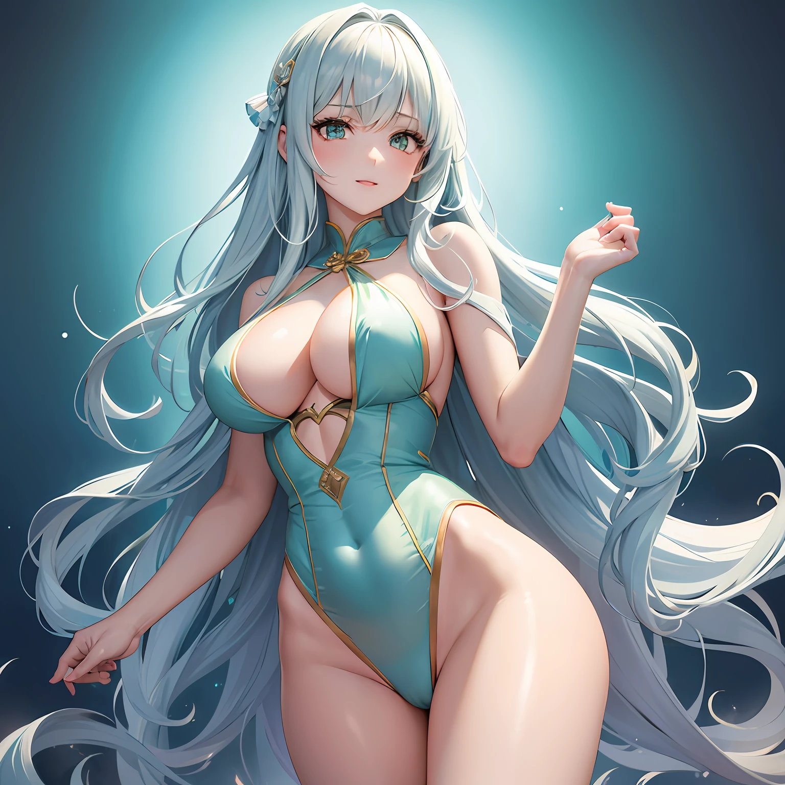 high image, super detail, high resolution, anime, manga, illustration, babydoll dress, speed line, beautiful woman, adult face, make up, ecstatic expression, amorous expression, seductive look, flowing layered messy wavy white medium hair, sparkling big gold eyes, medium breasts, side boob, great proportion, perfect proportion, slender, full body, beautiful light blue and emerald green background, fantasy