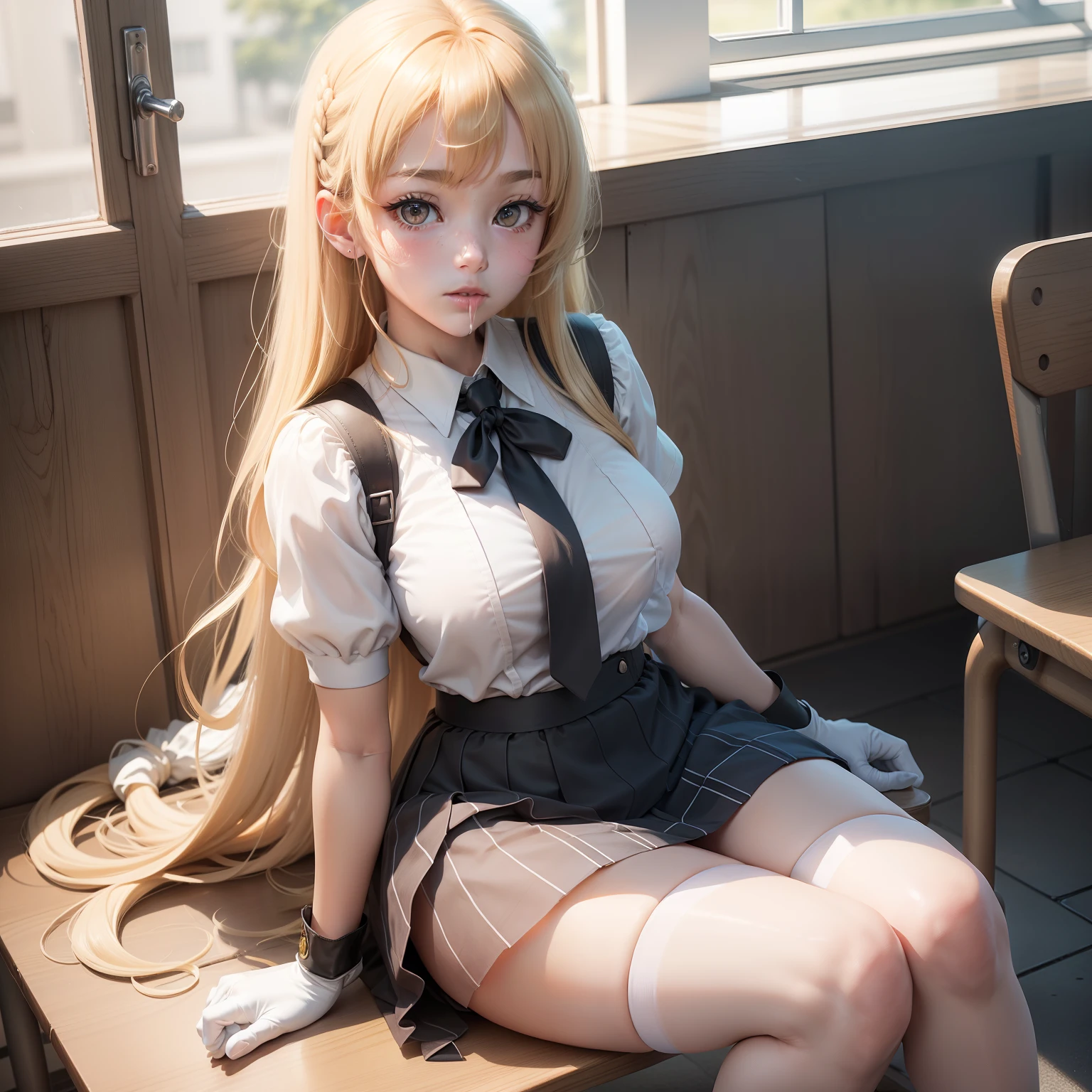 high-level image quality、masterpiece、Raw photography、8K、detaileds、1 persons、A Certain Science Super Electromagnetic Cannon(Bee-eater prayer)、独奏、s girl、Only one person on screen、 Golden hair、Hair is blonde、The bangs are in the center、Unkempt hair、bouncing hair、Hair bouncing over the ears、Untrimmed hair、Hair that hides both ears、Long inward bouncing hair、Waist-length long hair、Rin々Right、Hair is waist-length、precise、Full body like、Brown-eyed、Stars in the eyes、Brown eyes shine、Both eyes are brown、Thin eyebrows、Sharp eyes、Soft eyes、long eyelashes、Calm eyes、Ridicule、poisonous mist、Malicious Eye、The sheen、Ultra-high hardness、Swaying udder、Brunnbrunn、Nipple stand、nursing、Mature Woman、Older sister、Short Sleeve High School Uniform、Uniforms are see-through、Pink bra shows through、Dark brown uniform、Long white gloves on both arms、Snug-fitting white gloves、Hands are covered with gloves、Grey Check Mini Skirt、a miniskirt、white stockings、Black leather shoes、The gaze is watching the viewing、sitting in the chair、The mouth is closed、Light luster、Sit on a chair、full of sweat、M-shaped legs、Covered in love juice、University、Inside the school、Inside the classroom、Daytime、Red cheeks、excited、Ecstatic look、Imarathion、full body Esbian、