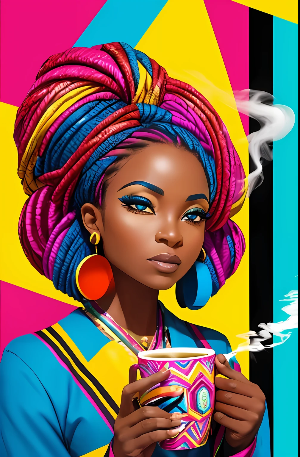 (A BEAUTIFUL AFRICAN WOMAN ORIGINAL HAPPY HAIR WITH A NICE CUP OF COFFEE COMING OUT SMOKE IN HER HAND, Beautiful cup ,Coloridas ,pink and blue and yellow WRITTEN WE COOFFE IN THE CUP ), Eduardo Kobra ,Romero Brito,The Filling Twins ,multidimensional geometric wall PORTRAIT, arte, Chibi,
Yang08k, lindo, Colouring,
Primary works, qualidade superior, melhor qualidade, Arte Oficial, Beautiful and Aesthetic, 128 mil