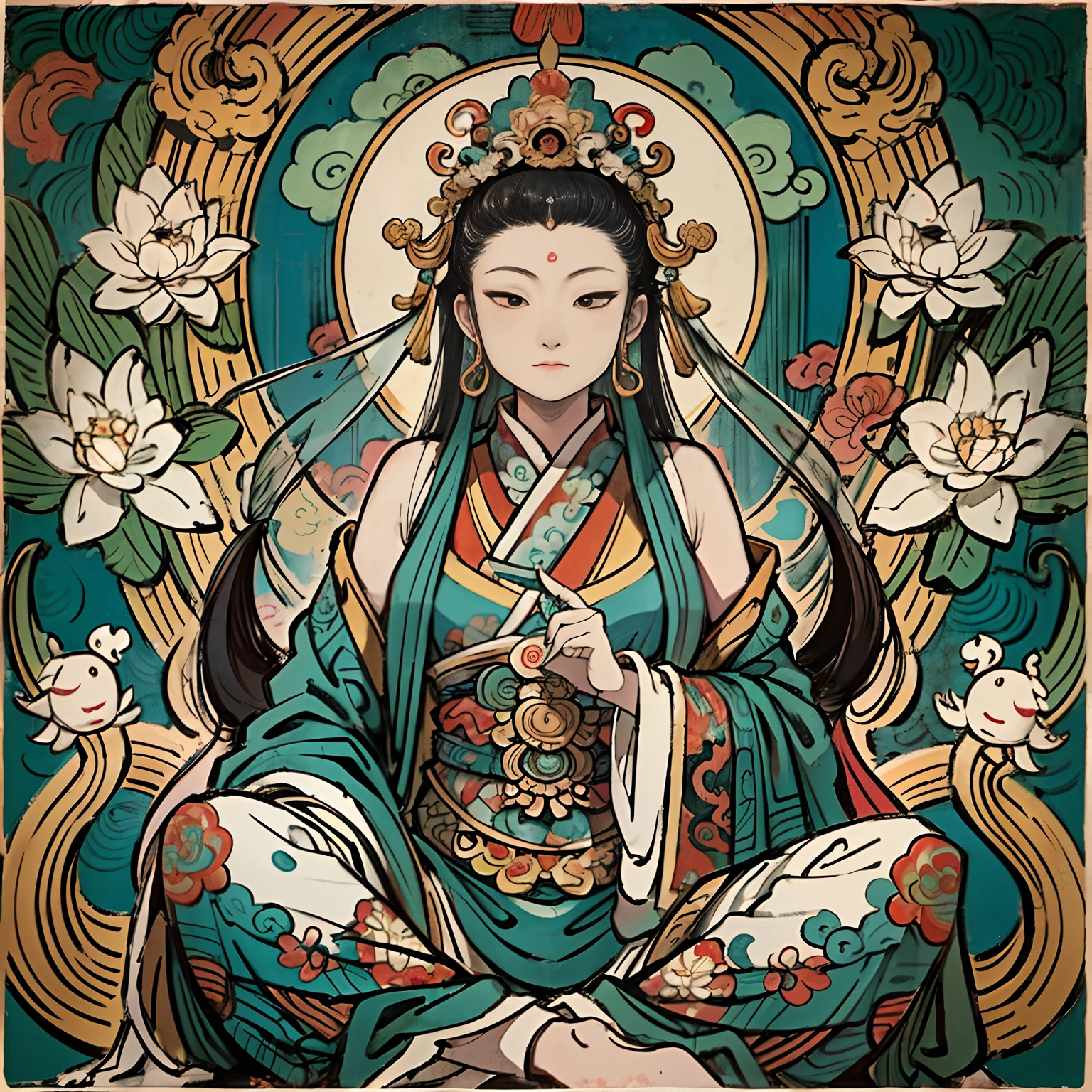 an ancient Chinese goddess, guanyin of the southern seas, Guanyin, Inspired by India, Avalokiteshvara Bodhisattva Lion，,Serene expression,shui mo hua,Buddha,Buddhist,Lotus,Chinese painting style,Thangka style