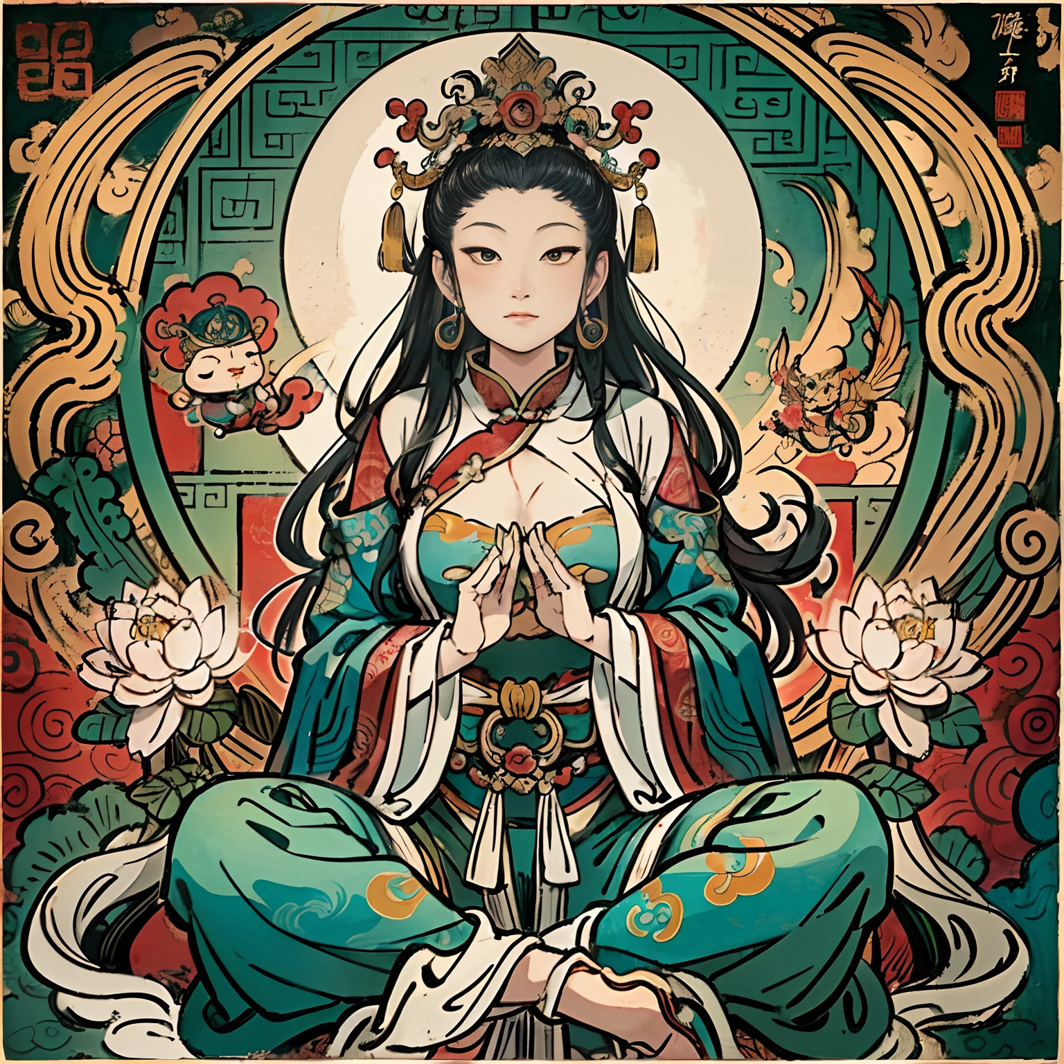 an ancient Chinese goddess, guanyin of the southern seas, Guanyin, Inspired by India, Avalokiteshvara Bodhisattva Lion,,Serene expression,shui mo hua,Buddha,Buddhist,Lotus,Chinese painting style,Thangka style