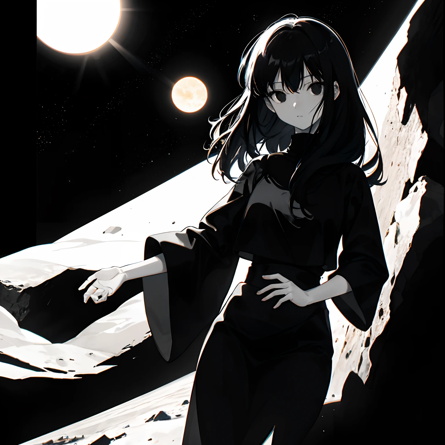 high contrast,lunar surface,galaxy,1girl,black eyes,black hair,black clothes,wide sleeves,(sun:1.2)