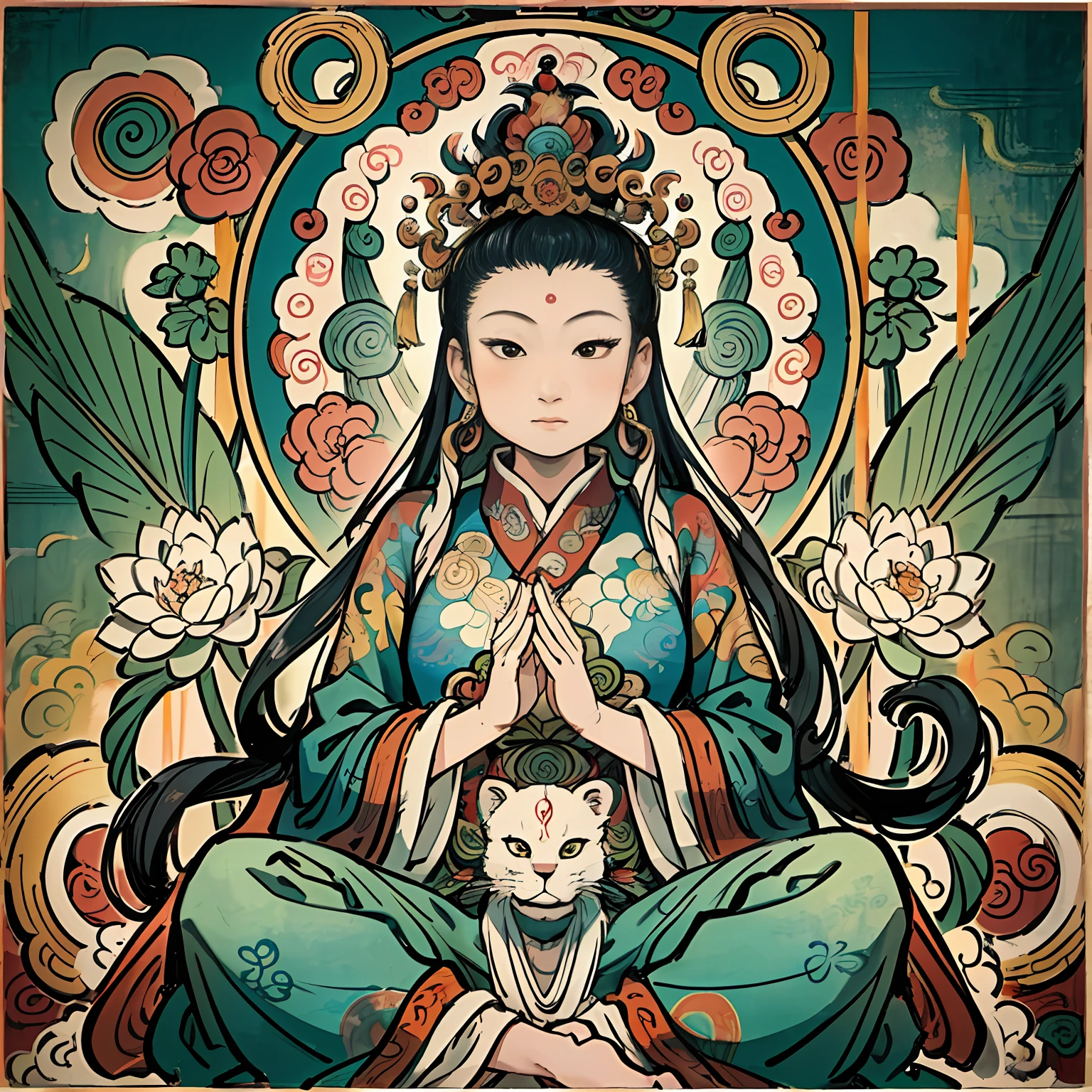 an ancient Chinese goddess, guanyin of the southern seas, Guanyin, Inspired by India, Avalokiteshvara Bodhisattva Lion，,Serene expression,shui mo hua,Buddha,Buddhist,Lotus,Chinese painting style,Thangka style