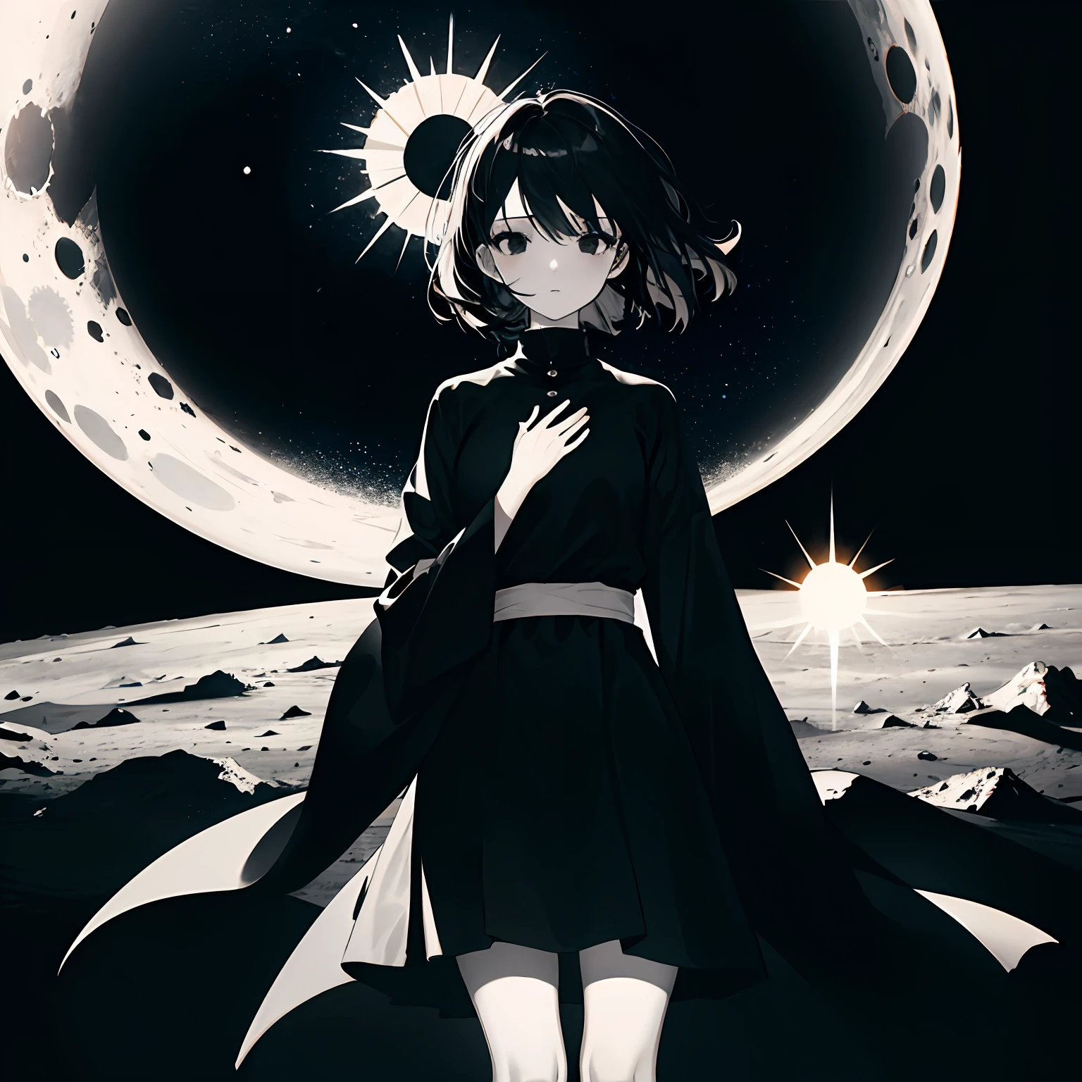 high contrast,lunar surface,galaxy,1girl,black eyes,black hair,black clothes,wide sleeves,(sun:1.2)