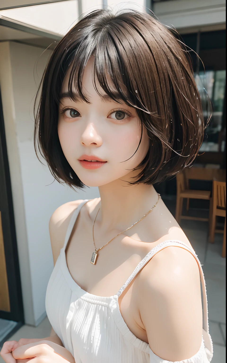 ((top-quality、​masterpiece))、Raw photography、8K、top-quality、 超A high resolution、Beautiful face in every detail、Realistic human skin、Gentle expression、front-facing view、Farbe々From an angle、(Bob Hair:1.5)、realisitic、Photorealsitic、cute little、atlibrary、Boken、White Dress、a necklace、bangss、