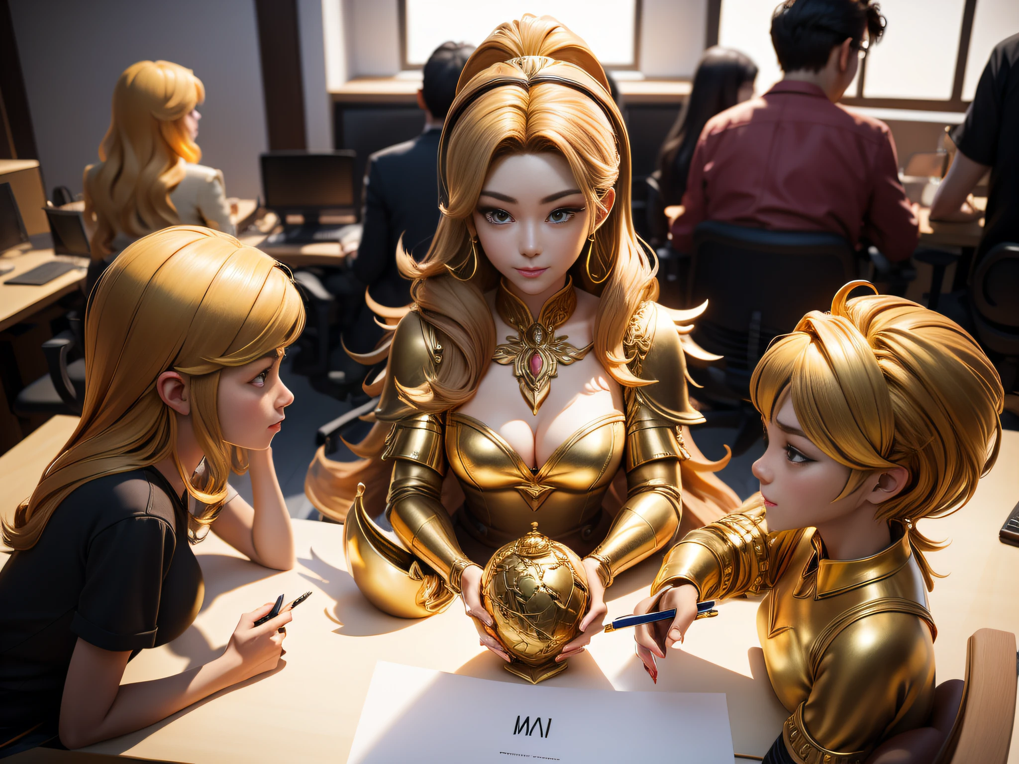 masterpiece, 3dmm style, rich, golden , A group of people working together in a co-working space, each working on a different art project.