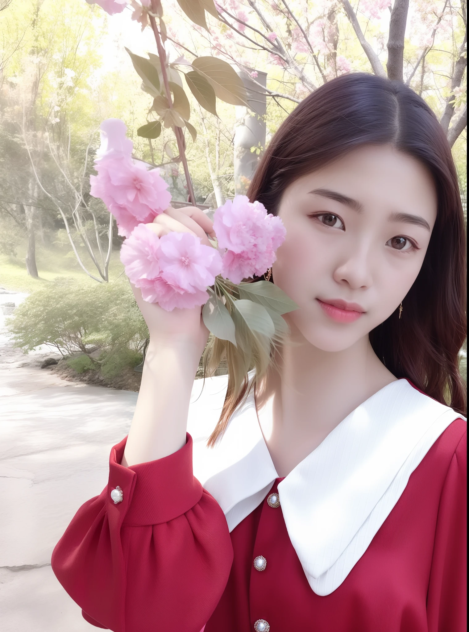 Araki woman in red dress holding pink flowers, loose coat collar sailor uniform, ulzzangs, girl wears a red dress, white and red dresses, shaxi, personal profile picture, sakimi chan, in a red dress, Wearing a red dress, Ruan cute vtuber, a cute young woman, Cute girl, 360*