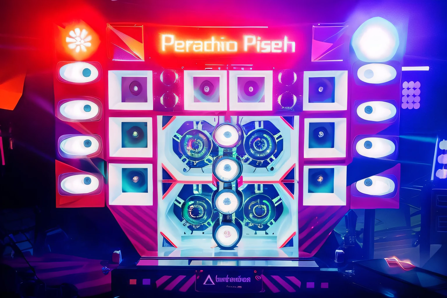 There is a display of speakers and lights on a stage, efeitos de palco elaborados, Flashes, geometric backdrop; LED, Efeitos LED, Fujicolor com flash, luzes de concerto piscando, videoclipe, Strobe e luzes laser, music show, psychedelic light show, Festa DJ Rave, festa rave, Candid flash photography, psychedelic lighting, Festa Techno, 3 4 5 3 1