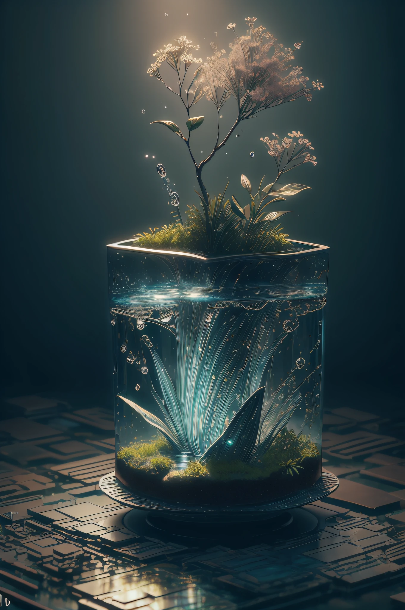 obra-prima da escultura de vidro com plantas, flores e rochas dentro, water, brilho, fantasia, alta qualidade, alto detalhe, melhor qualidade, rtx, 4k, 8k,