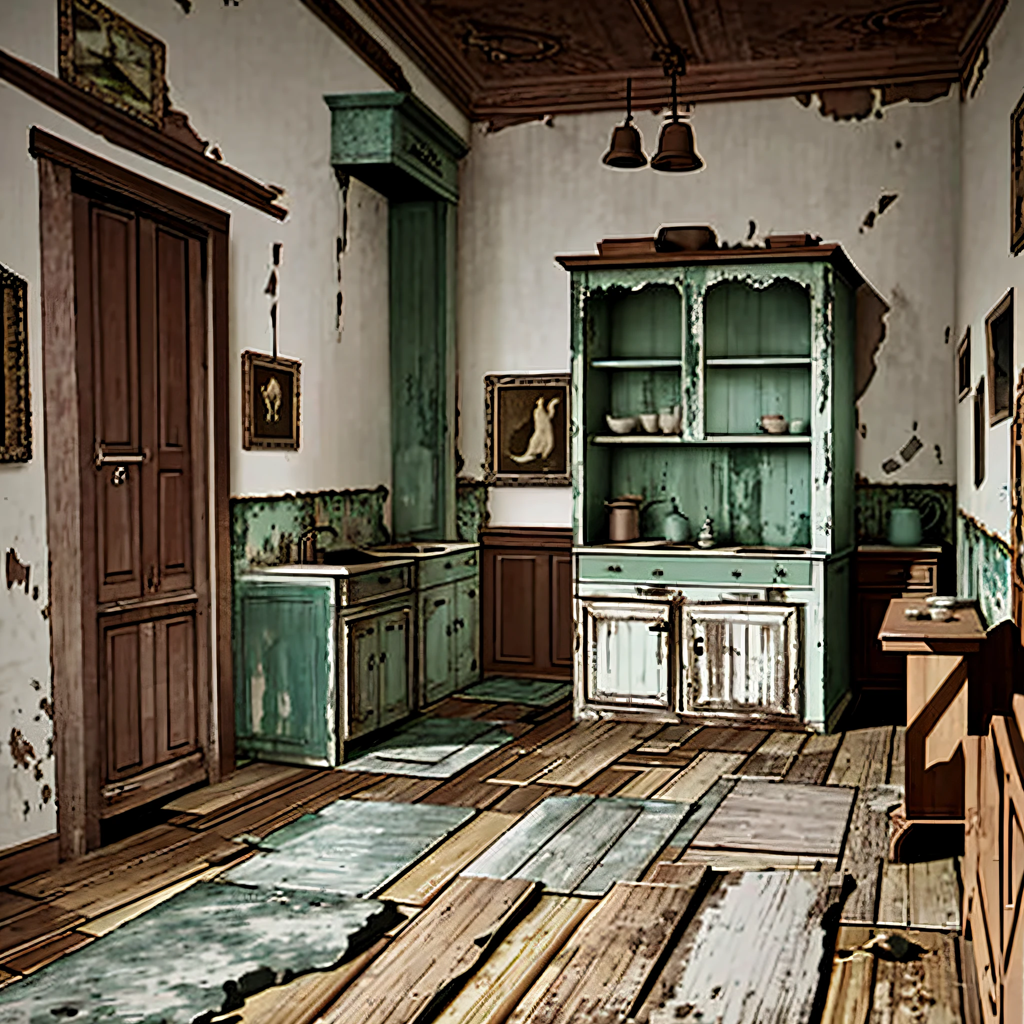 decrepit,Rooms with cupboards are furnished, old kitchen backdrop, 2d game environment design, interior background art, arte de fundo, old furnitures, old kitchen backdrop angled view, old furnitures, 3 d stylize scene, Stylized concept art, personal room background, concept-art!, game environment design, Stylized hand drawn textures