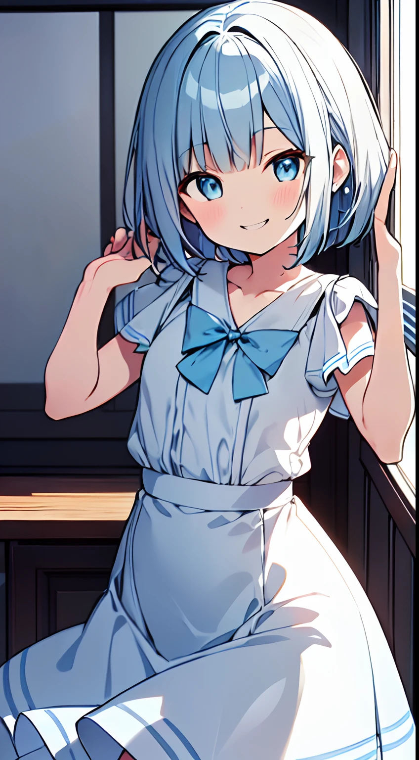 masutepiece, Best Quality,Illustration, Wallpaper, Ultra Detail, absurderes, 1loli,Solo,Beautiful detailed eyes,
Bangs, Medium Short-Cut Hair, (nffsw)、(((Light blue and white skirt)))、((Full smile))、((Small curvaceous))