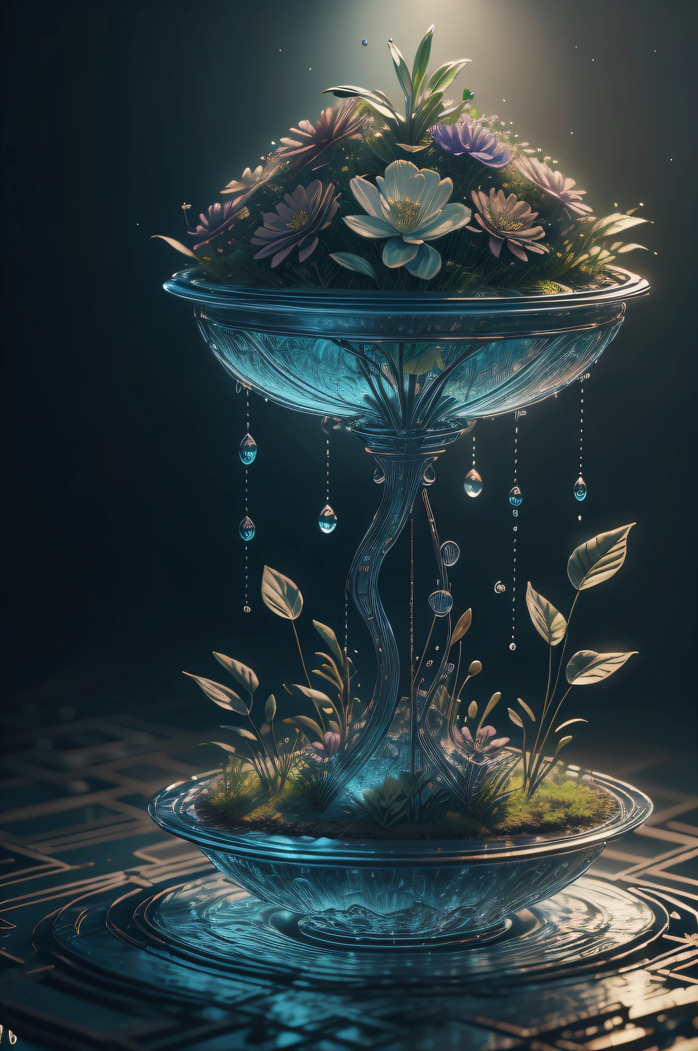 obra-prima da escultura de vidro com plantas, flores e rochas dentro, water, brilho, fantasia, alta qualidade, alto detalhe, melhor qualidade, rtx, 4k, 8k,