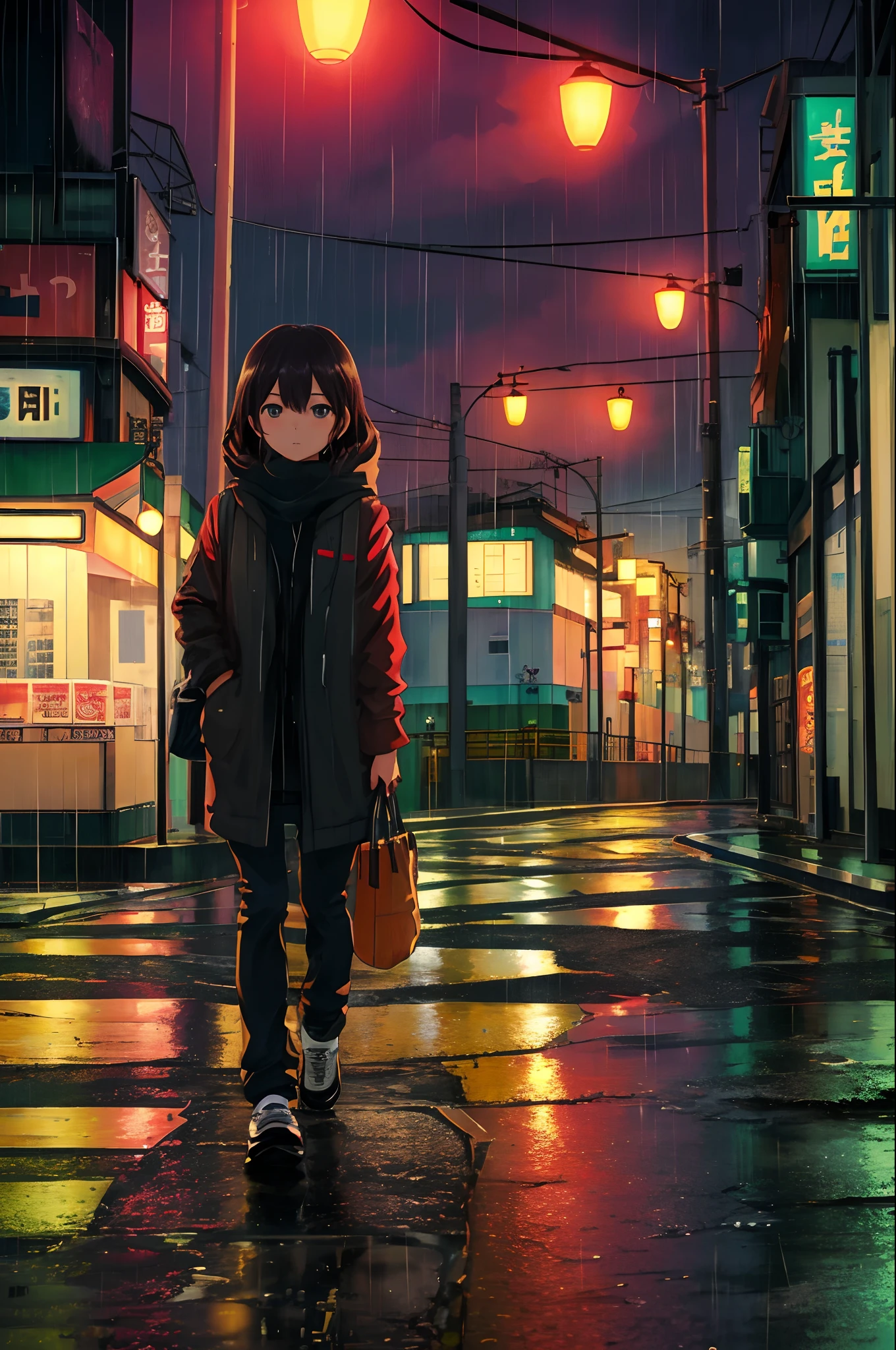 masterpiece,best quality,1girl,solo,looking at viewer,Late night, Tokyo, deserted street, distant view, background, loneliness, rain, street lights, weak light,