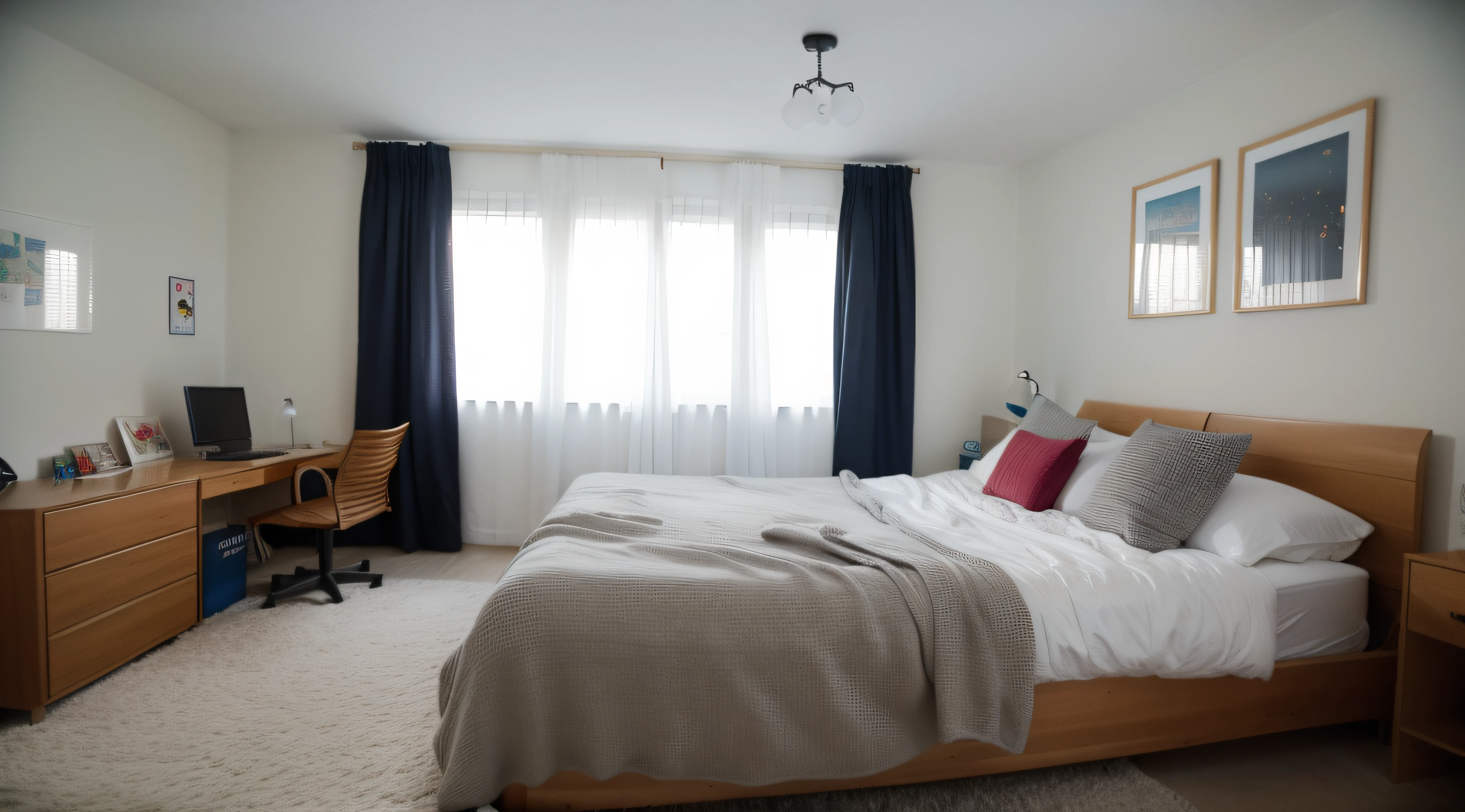 um quarto grande,with a messy bed,um abajur em cima de um armario de cabeceira