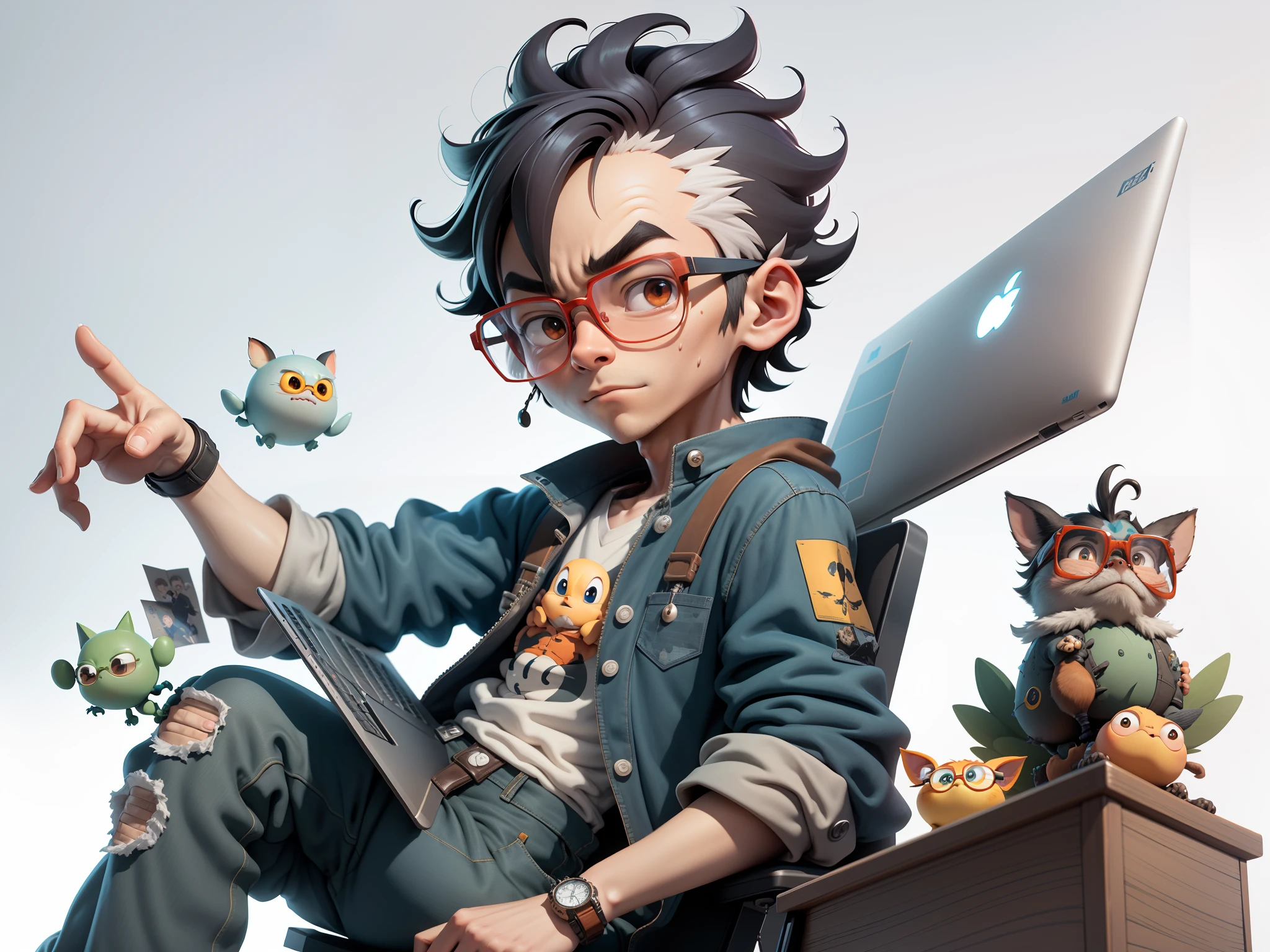 A young man with glasses sits at his desk,holding laptop,digitial painting,3D character design by Mark Clairen and Pixar and Hayao Miyazaki and Akira Toriyama,4K HD illustration,Very detailed facial features and cartoon-style visuals。