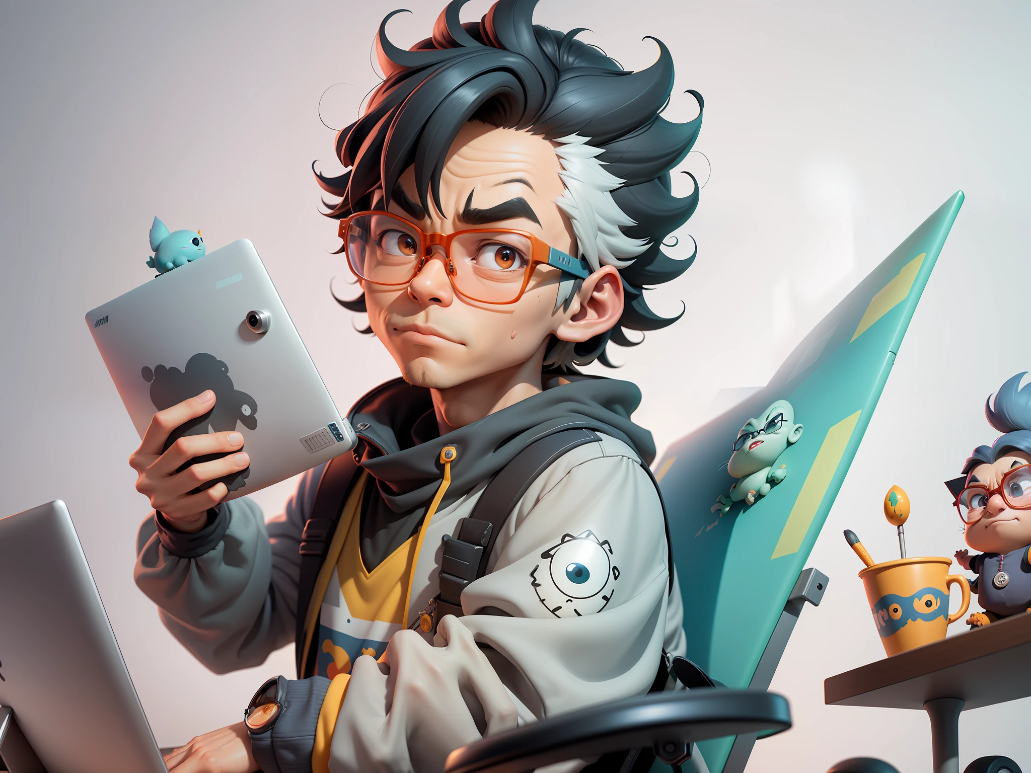A young man with glasses sits at his desk,holding laptop,digitial painting,3D character design by Mark Clairen and Pixar and Hayao Miyazaki and Akira Toriyama,4K HD illustration,Very detailed facial features and cartoon-style visuals。