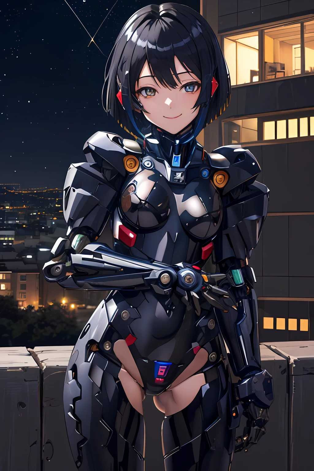 ((masutepiece,Best Quality, Detailed)), 1girl in, Solo, Cowboy Shot, Outdoors, Night, Cityscape, Starry sky, Detailed eyes,
oshino ougi, School run, Black Gloves, Smile, Closed mouth, inner colored hair, Half-closed eyes,
(mecha musume, Mechanical parts, Robot joints, Black bodysuit)