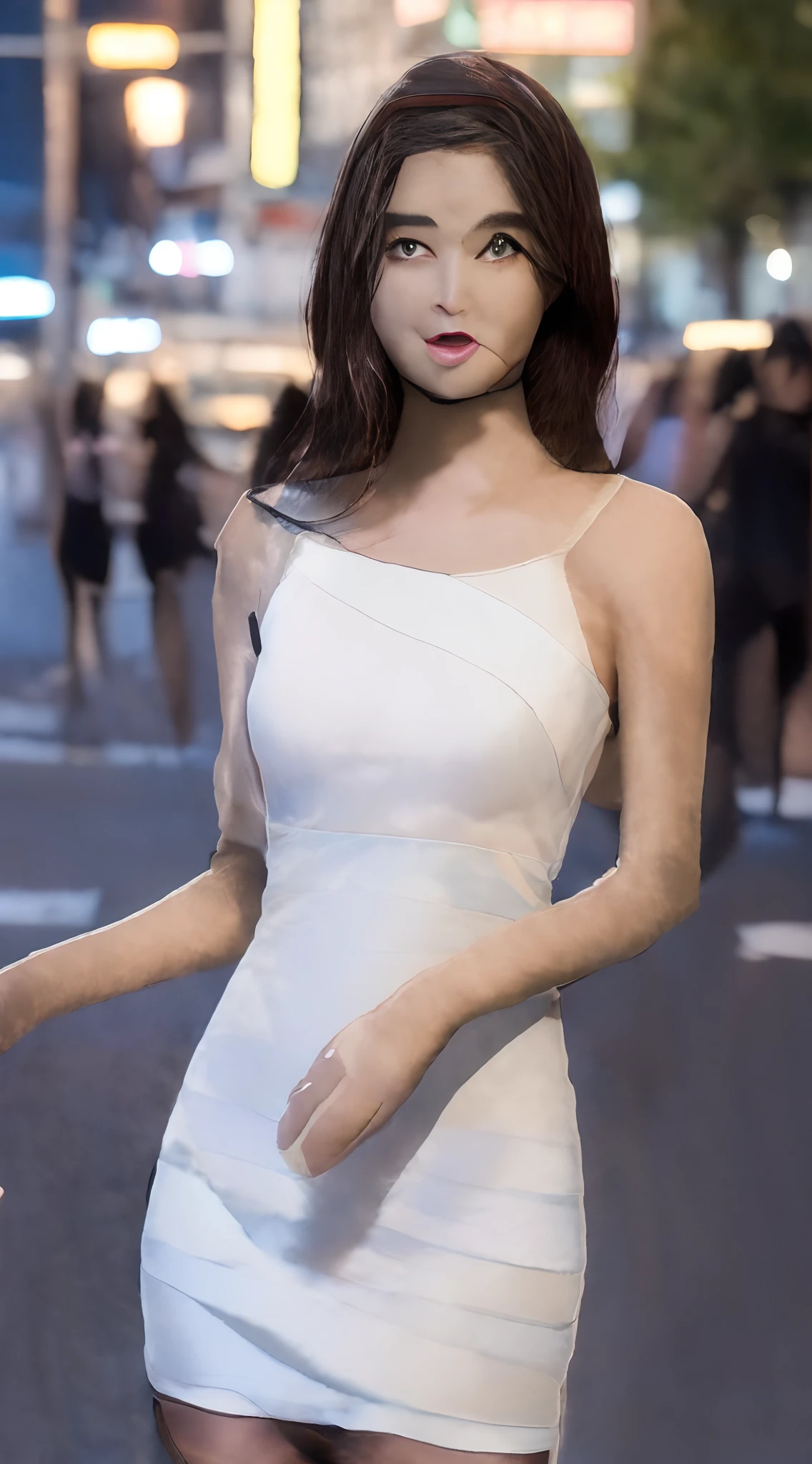 ((Realistic lighting, best qualtiy, 8k, tmasterpiece:1.3)), sharp fokus:1.2, 1girl, Beautiful Women with Perfect Figure:1.4, Slim abs:1.1, ((dark brown hair)), (white dresses:1.4),(exteriors,during night:1.1),the city street,Ultra-fine face,Fine eyes,二重まぶた,(Knee-length black stockings:2.0)