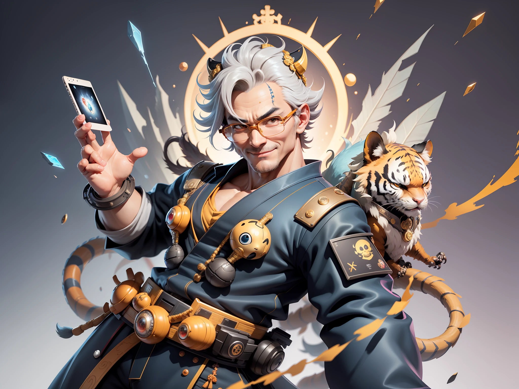 (Masterpiece), (Excellent), (Super Meticulous), (Full Body: 1.2), Super Young Man with Japanese Female Geisha, Pretty, Beautiful, Chinese Dragon, Tiger, Wind God Thor, Sexy, Bursting, Oriental Face, TV Anchor, Bust Portrait Illustration, Black Suit, Blue Tie, Slightly Chubby Face, Silver Glasses, Very Clean Face, No Beard on Chin, Black Super Short Hair, Black Eyes, Confident Smile, 3c Computer Sub-Products, iPad, iPhone, Digital Painting, 3D character design by Mark Clairedon and Pixar and Hayao Miyazaki and Akira Toriyama, the illustrations are HD illustrations in 4K resolution with highly detailed facial features and cartoon-style visuals.