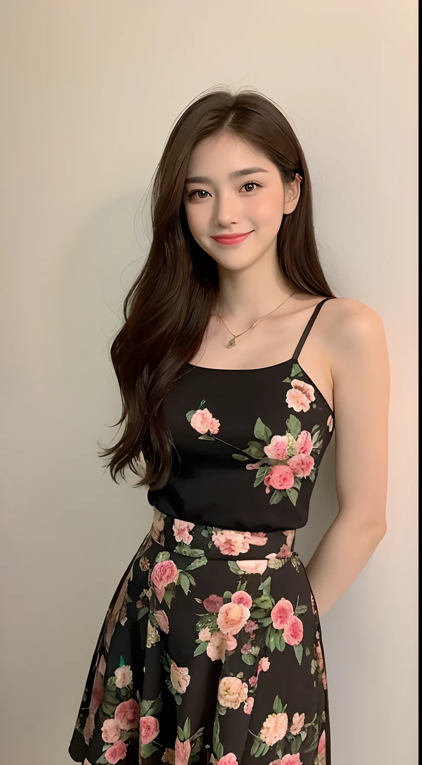 ((best qualtiy,8K,tmasterpiece:1.3)), 1girll, ssmile, full bodyesbian, Slim Faces, Beautiful woman, (dark brown hair),Floral skirt :1.1, Super detailed face, Detailed eyes, 二重まぶた, blur backgroun, Slim Faces, the night,do lado de fora