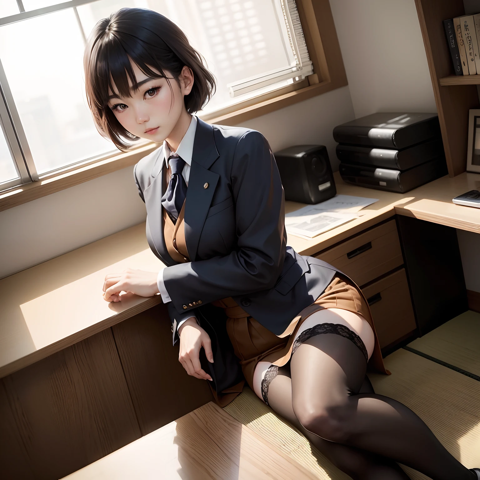 A Japanese Lady、20yr old、Human skin feel、Realistic Woman、OL、Wear a suit、Stockings、ty、s Office、Solo Shot、short-cut、Soft smile、Clean double eyelids、elegent