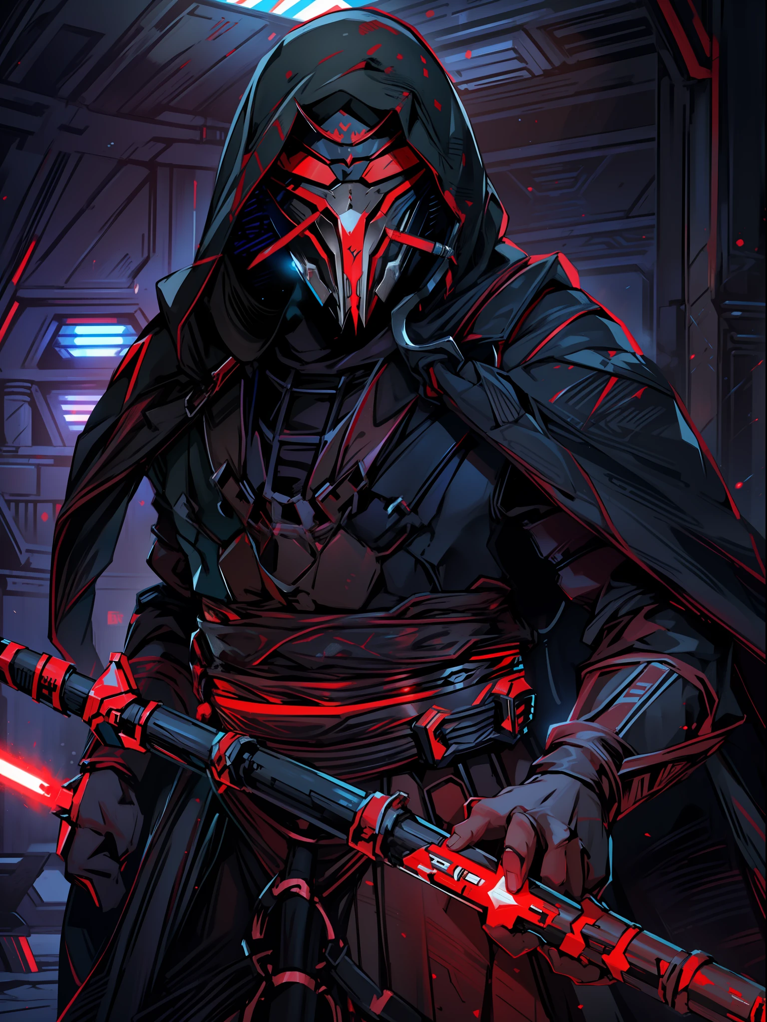 Star Wars Sith model, a man, zabrak race, mask ornamented with white and red, mask eyes closed, 2 red kyber crystals on the mask, small and worn horns, black torn overcoat, 1 red and blue lightsaber in each hand, dark and red and blue aura around the character.(Super Dynamic Lights), masterpiece, detailed lights