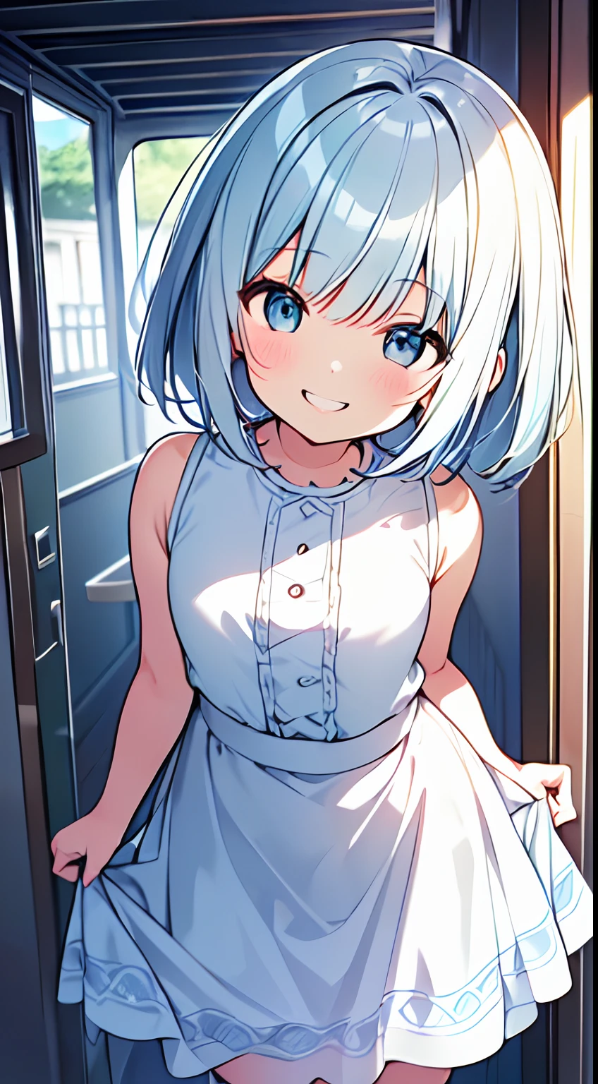 masutepiece, Best Quality,Illustration, Wallpaper, Ultra Detail, absurderes, 1loli,Solo,Beautiful detailed eyes,
Bangs, Medium Short-Cut Hair, (nffsw)、(((Light blue and white skirt)))、((Full smile))、((Small curvaceous))