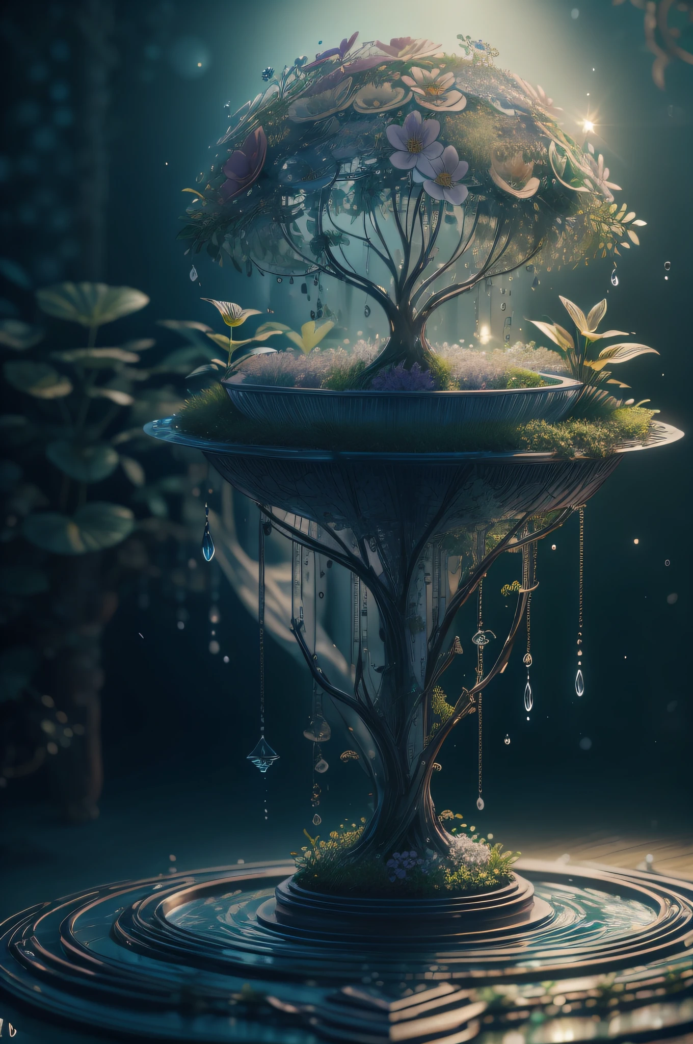 obra-prima da escultura de vidro com plantas, flores e rochas dentro, water, brilho, fantasia, alta qualidade, alto detalhe, melhor qualidade, rtx, 4k, 8k,