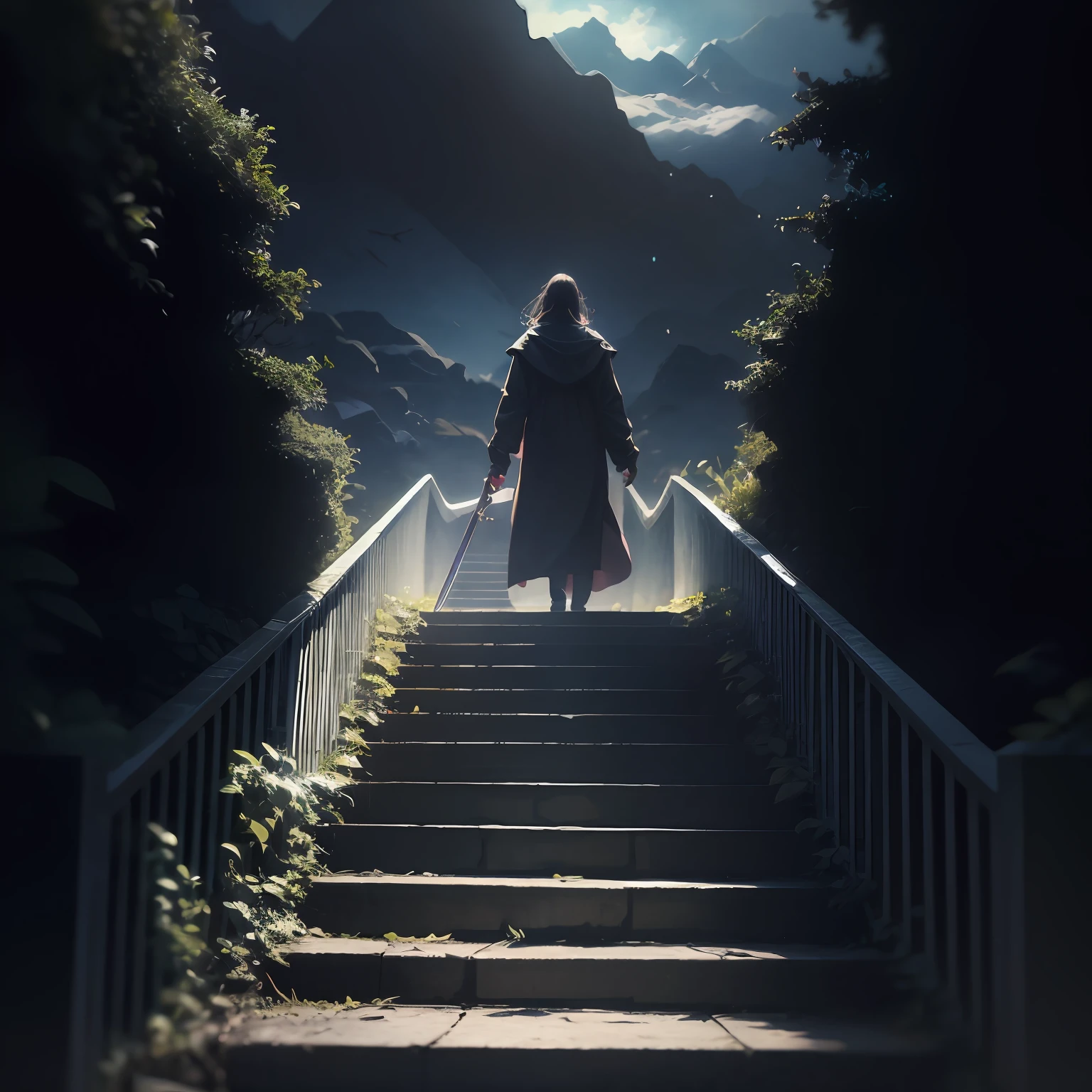 Uma foto tirada de um videogame8k, ((melhor qualidade)), ((obra-prima)), (detalhado) realista, absurdos , Directed by: Joseph-Marie Vien , Imagem de um homem subindo um lance de escadas com uma espada, stairway to heaven, stairs from hell to heaven, Heaven and Hell, dramatic entry, heaven, heavens gate, entrance to ethereal realm, she is approaching heaven, para compreender o inferno ou ir angelical, gates of heaven, celestial