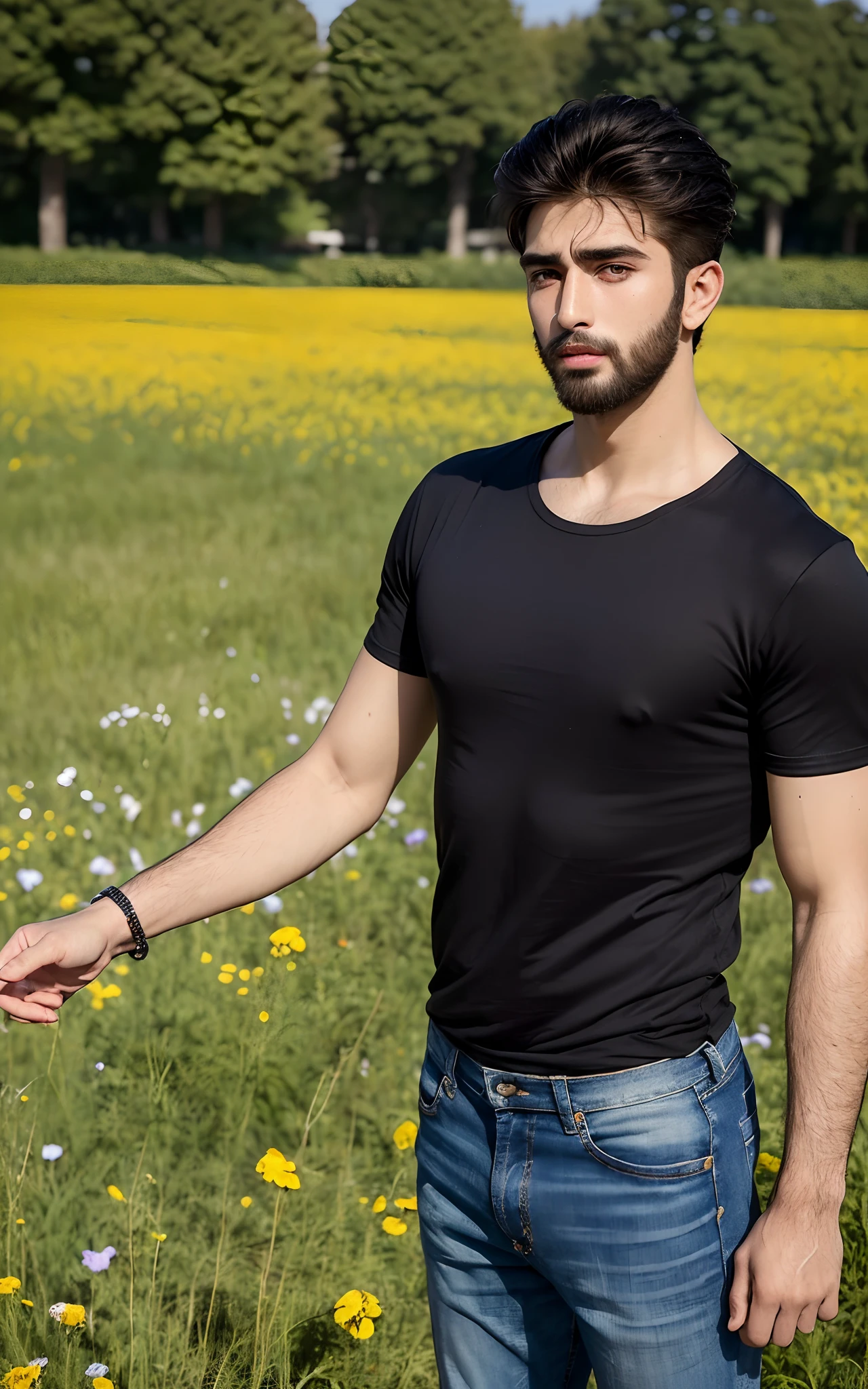 (RAW photo, best quality, highest quality, masterpiece:1.2), (realistic, photo-realistic:1.37), ultra high res, (1 boy 24 year's old, Tirkish handsome:2.0), (summer night sunset:1.3), (black round neck plain Tee-shirt, blue jeans:1.3), (standing in flower field:1.4), (focus face:1.3), (high contrast:1.1), (detailed background:1.3), dynamic pose, intricate detail, delicate pattern, (vibrant, colorful:1.3), (high sharpness), middle eastern guy, fashion posing, short black hairstyle, plain regular fit Tee-shirt no printing on Teeshirt, light bearded, Turkish boy.