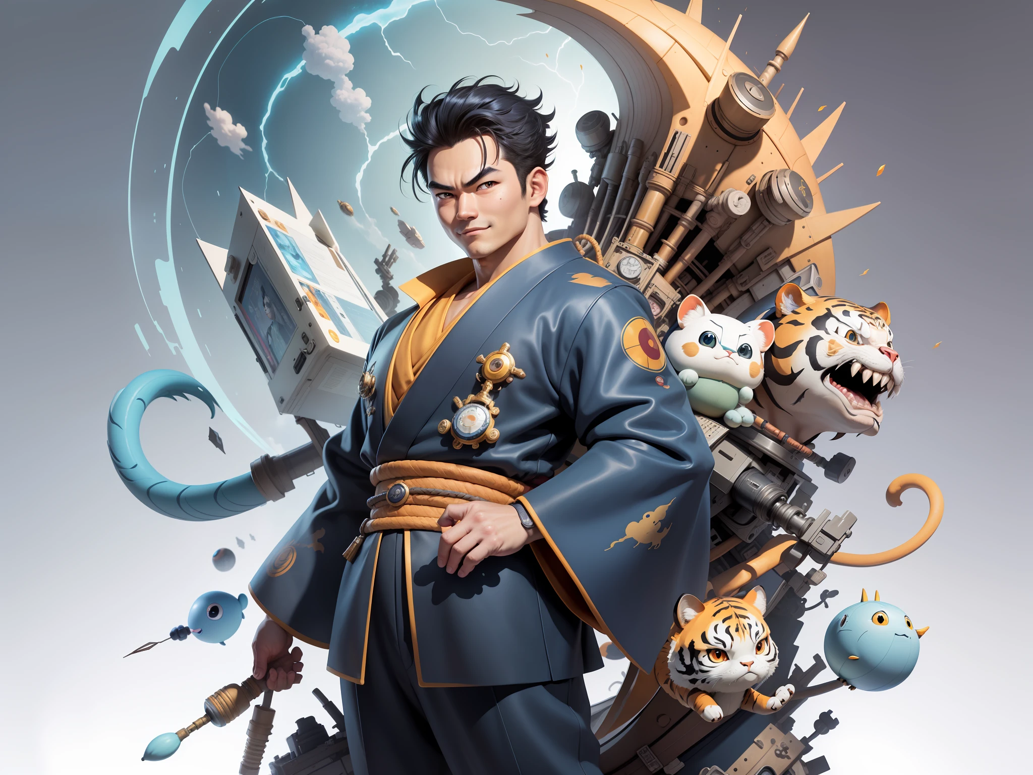 (Masterpiece), (Excellent), (Super Meticulous), (Full Body: 1.2), Super Young Man, Oriental Face, Japanese Kimono, Japanese Wind Thunder God, Dragon, Tiger, TV Anchor, Bust Portrait Illustration, Alone, Black Suit, Blue Tie, Slightly Chubby Face, Very Clean Face, No Beard, Black Super Short Hair, Black Eyes, Confident Smile, 3c Computer Sub-Products, iPad, iPhone, Digital Painting, 3D Character Design by Akira Toriyama and Mark Claireden and Pixar and Hayao Miyazaki, The illustration is a high-definition illustration in 4K resolution with very detailed facial features and cartoon-style visuals.