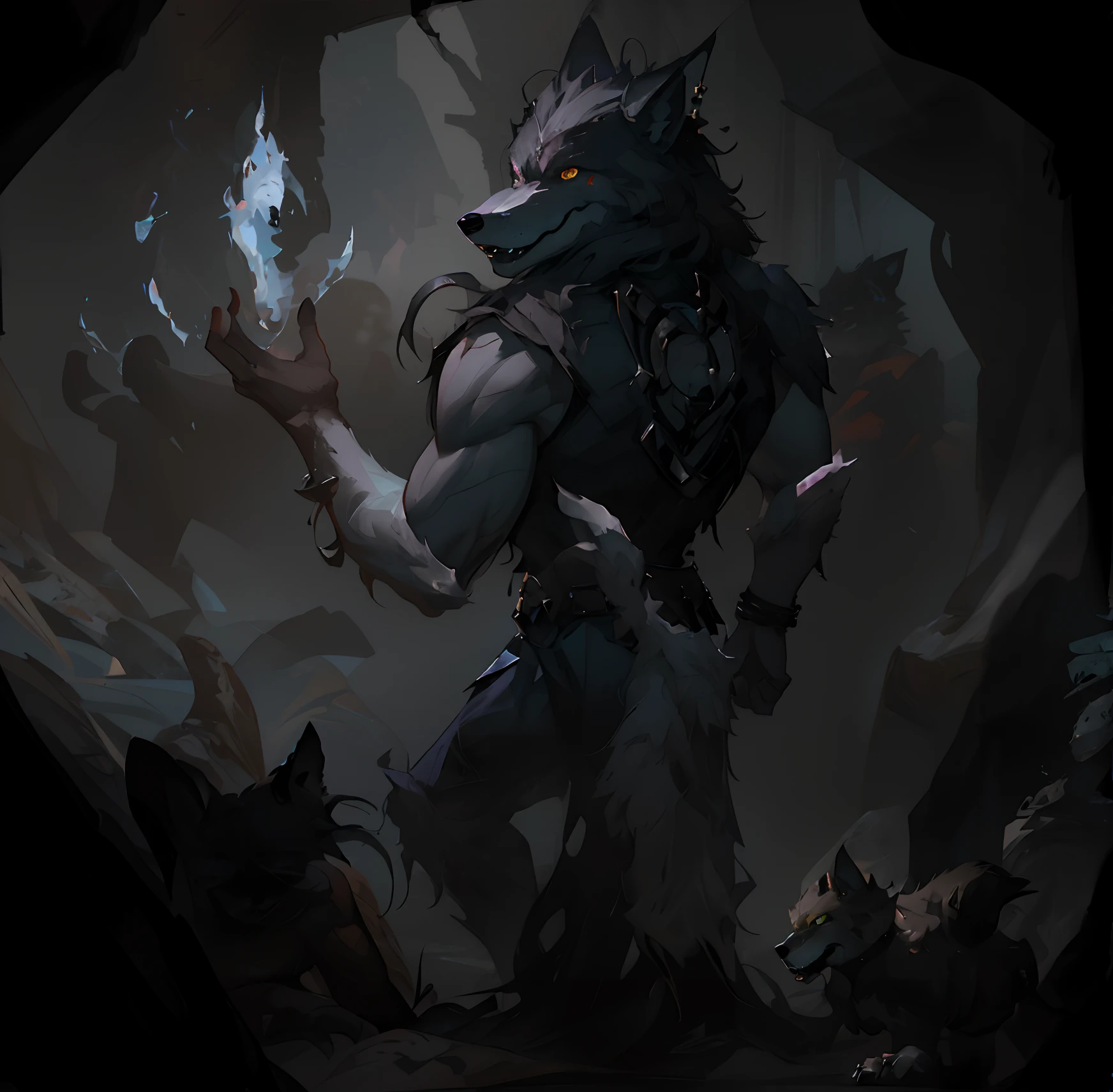 Inside the cave is the crystal minotaur wolf, muscular werewolf, anthro art, an anthro wolf, fenrir, anthro concept art, dark concept art, finished concept art, grim - wolf, werewolf”, demon-fang gnoll, werecreature, werecreature?, painted as a game concept art, Riot game concept art
