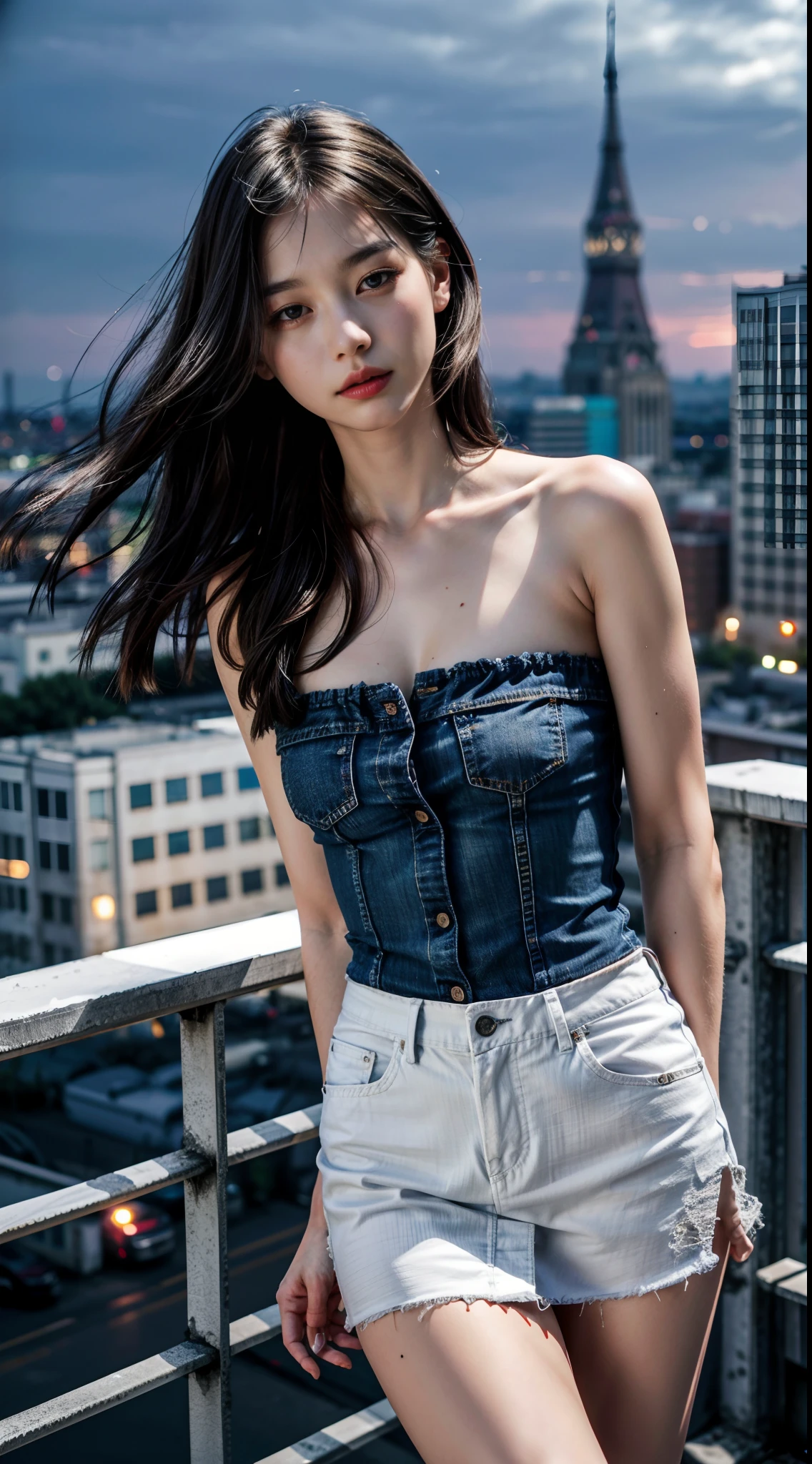 (1girll), Russian, Solo, Long_Hair, Wearing(Denim strapless shirt, White miniskirt), Photo(Medium Shot Shot), Portrait, standing, angle of view, Blurry_Background, Background(Night, Tower, Rooftop, nightlight), (Photorealistic, absurderes, Best_quality:1.55),